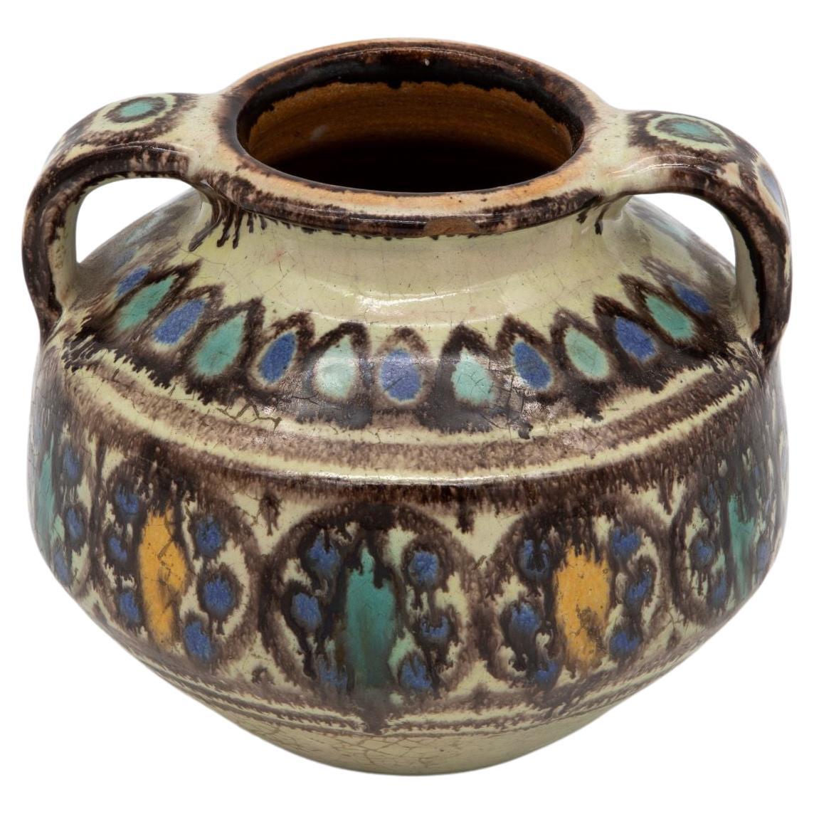 Brown, Blue, and Yellow Two Handled Vase For Sale