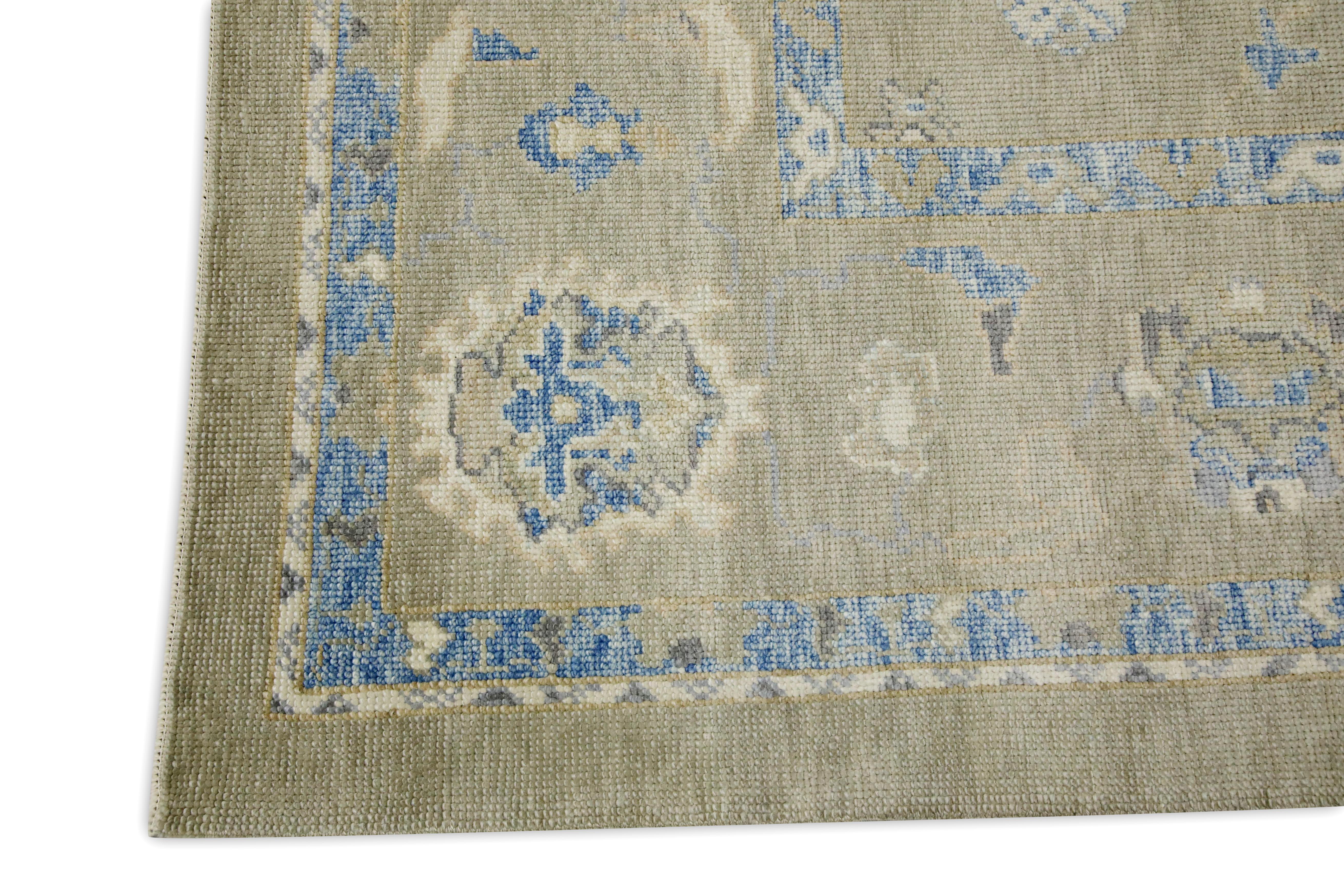 Vegetable Dyed Brown & Blue Floral Design Handwoven Wool Turkish Oushak Rug 8'1