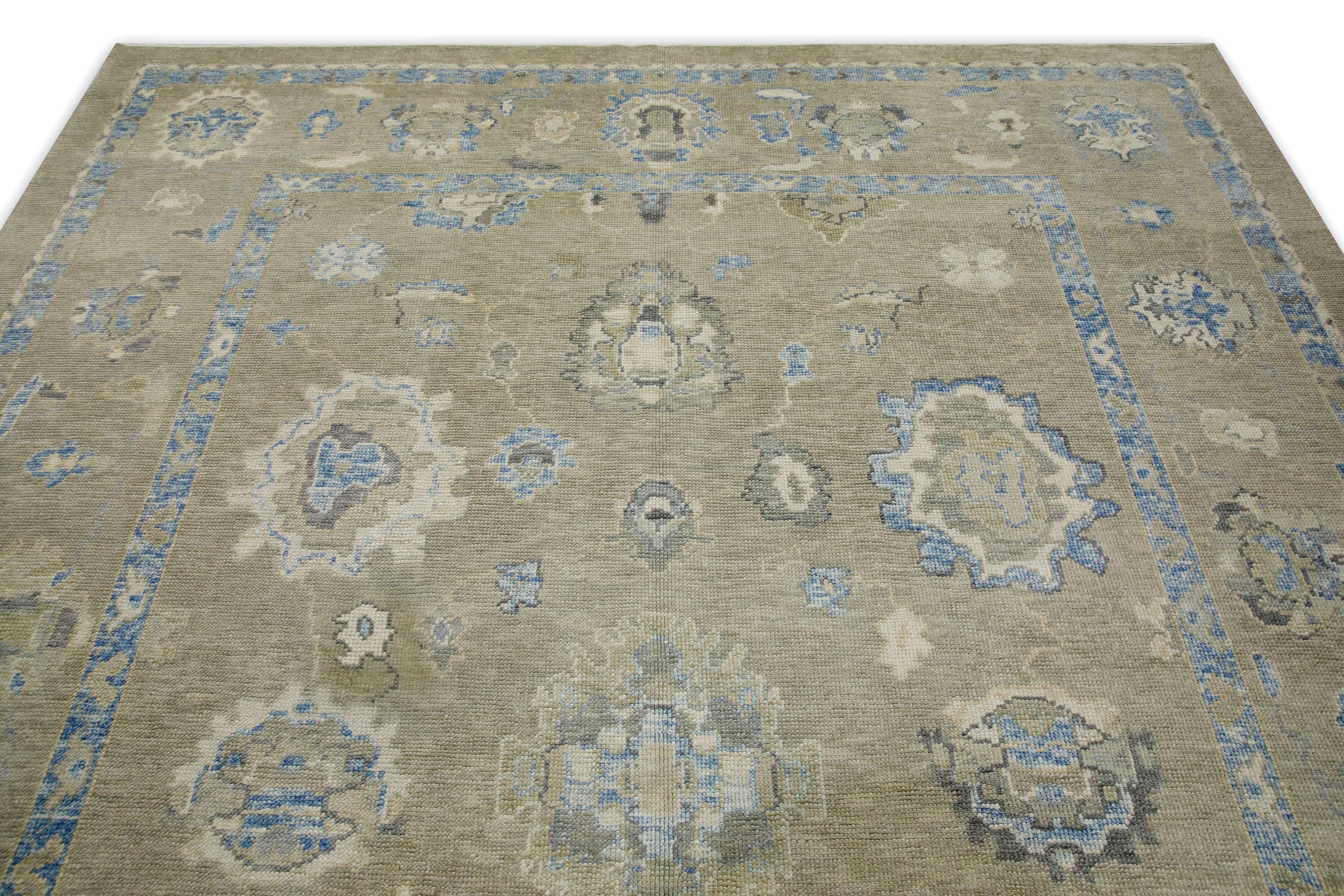 Brown & Blue Floral Design Handwoven Wool Turkish Oushak Rug 8'1