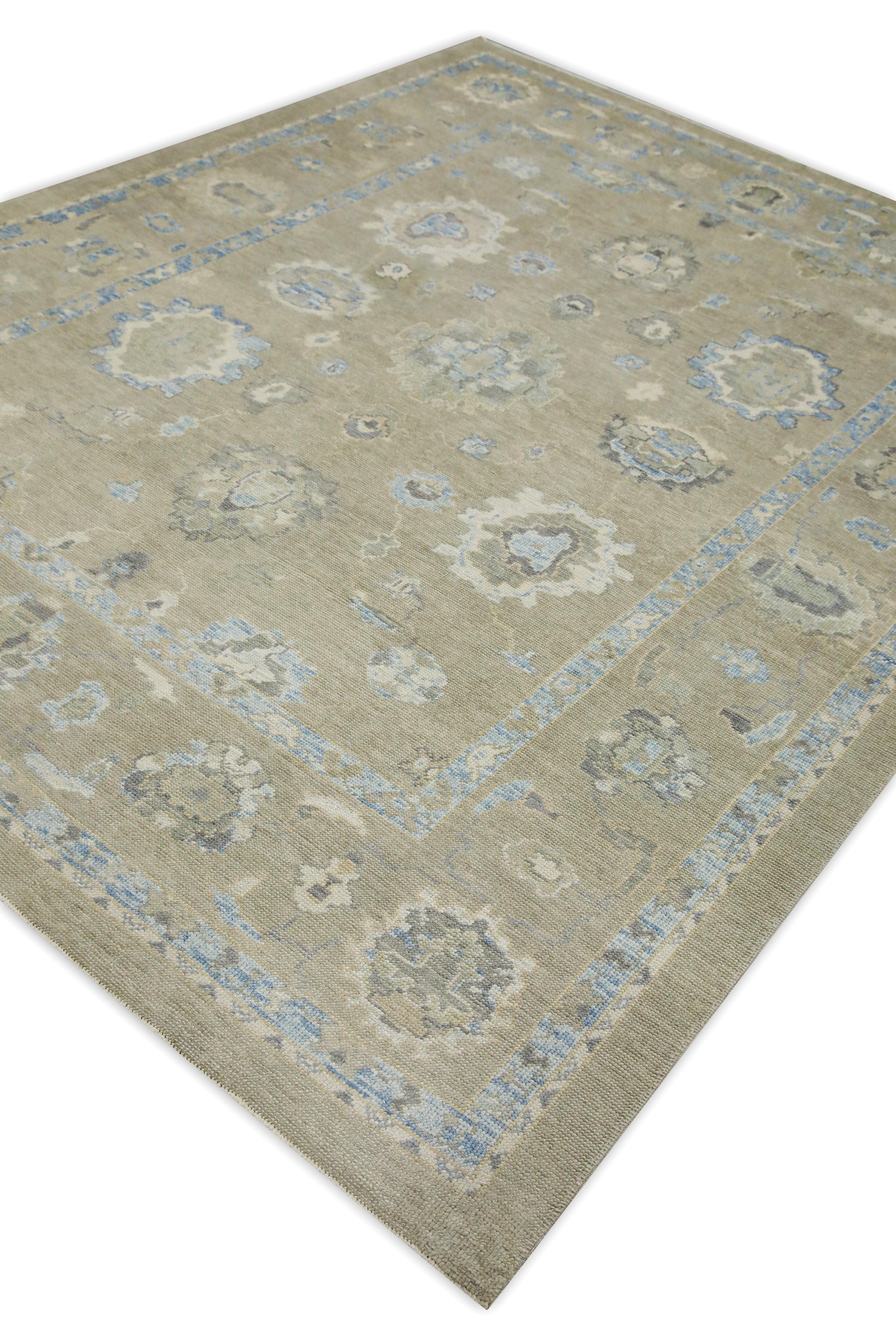 Contemporary Brown & Blue Floral Design Handwoven Wool Turkish Oushak Rug 8'1