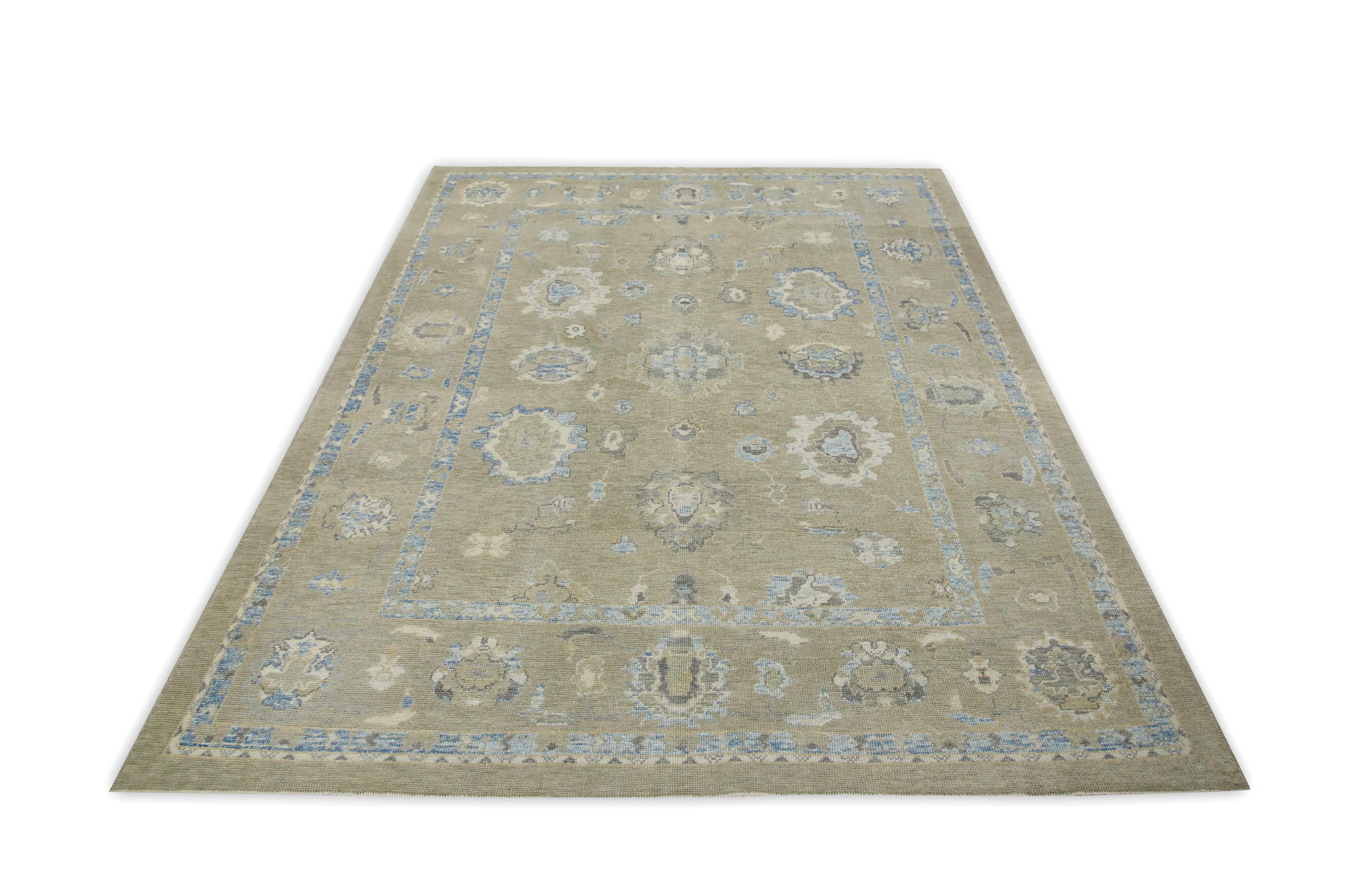 Brown & Blue Floral Design Handwoven Wool Turkish Oushak Rug 8'1