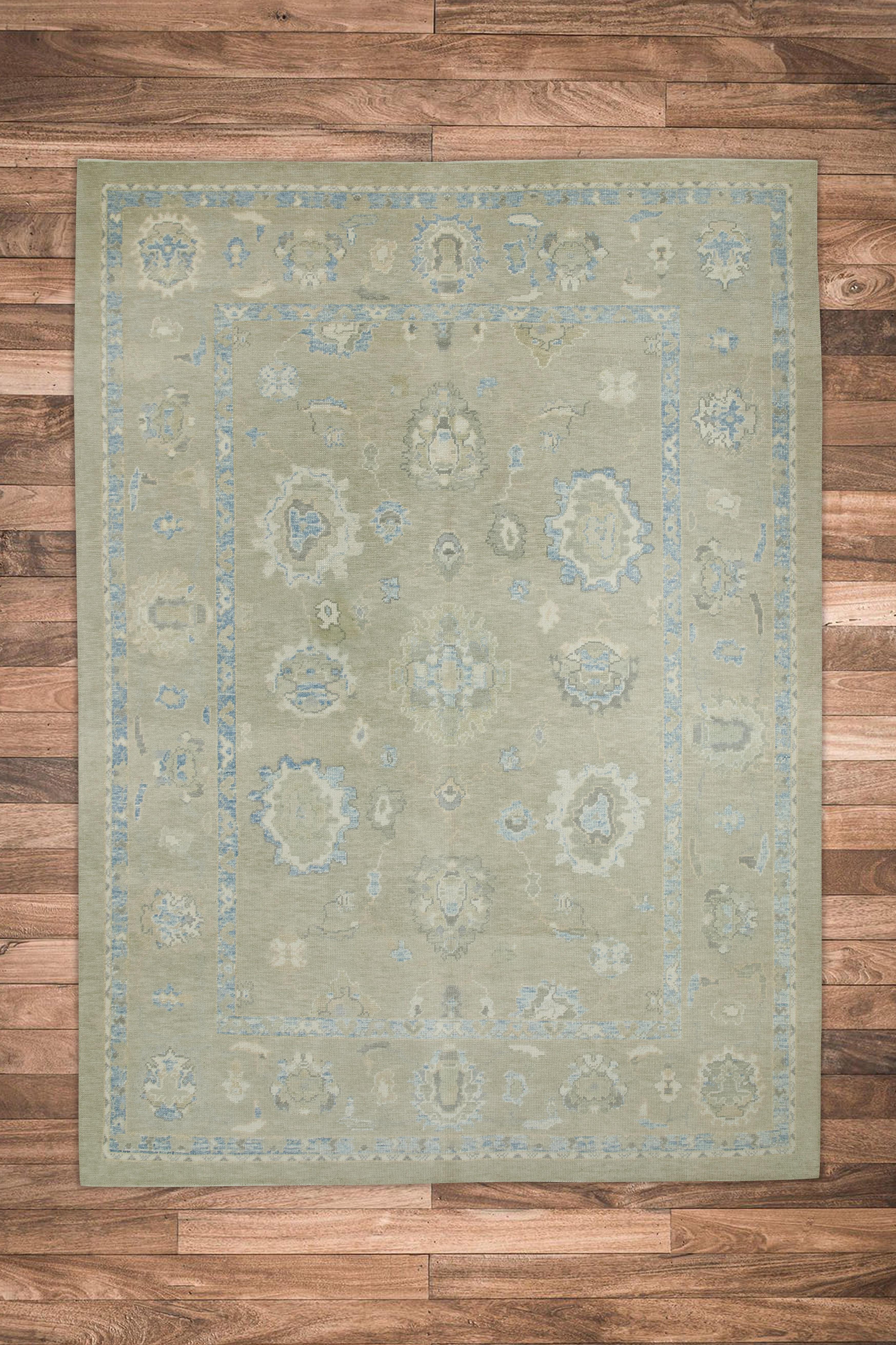 Brown & Blue Floral Design Handwoven Wool Turkish Oushak Rug 8'1