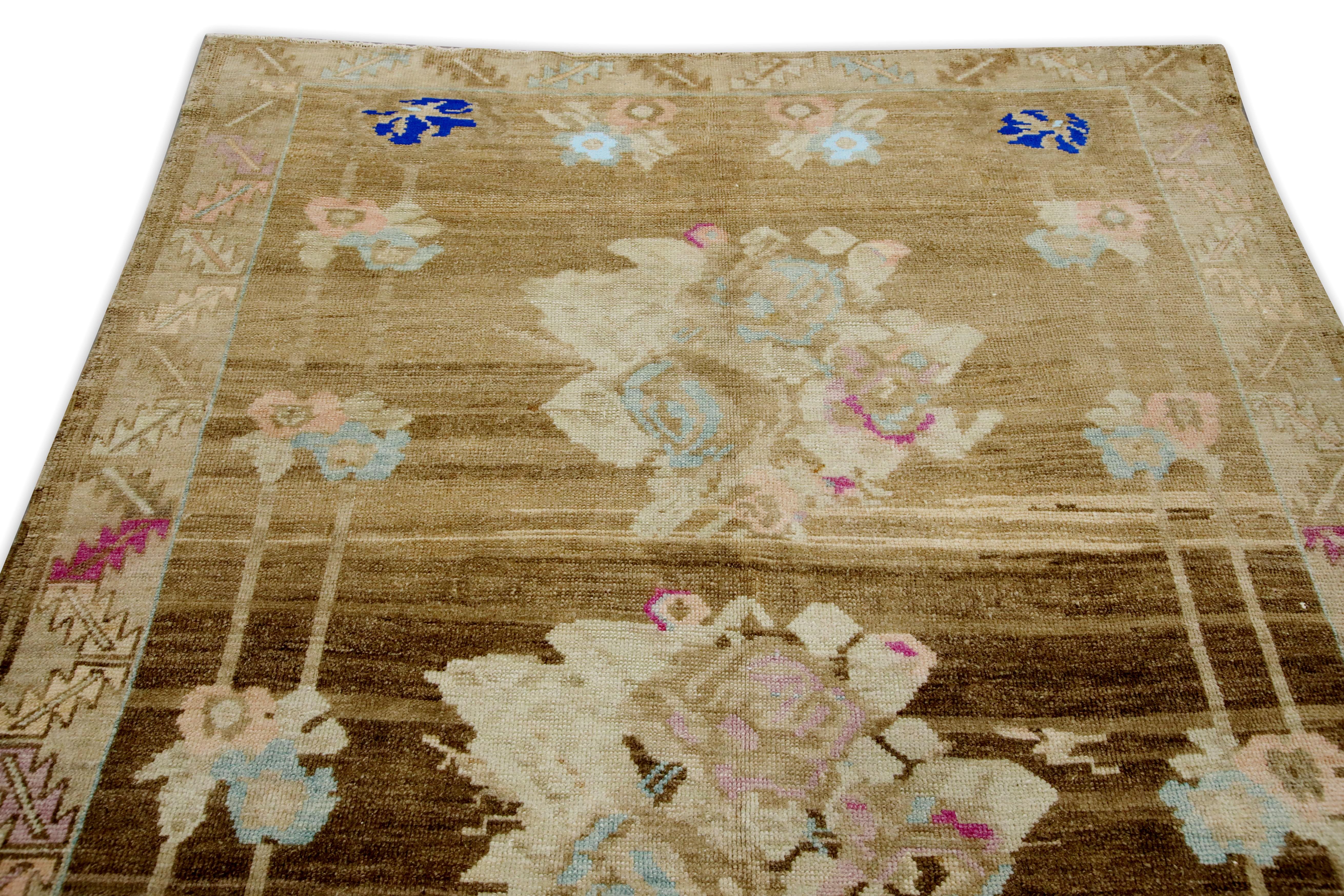 Brown & Blue Floral Design Handwoven Wool Vintage Turkish Oushak Rug 6'2