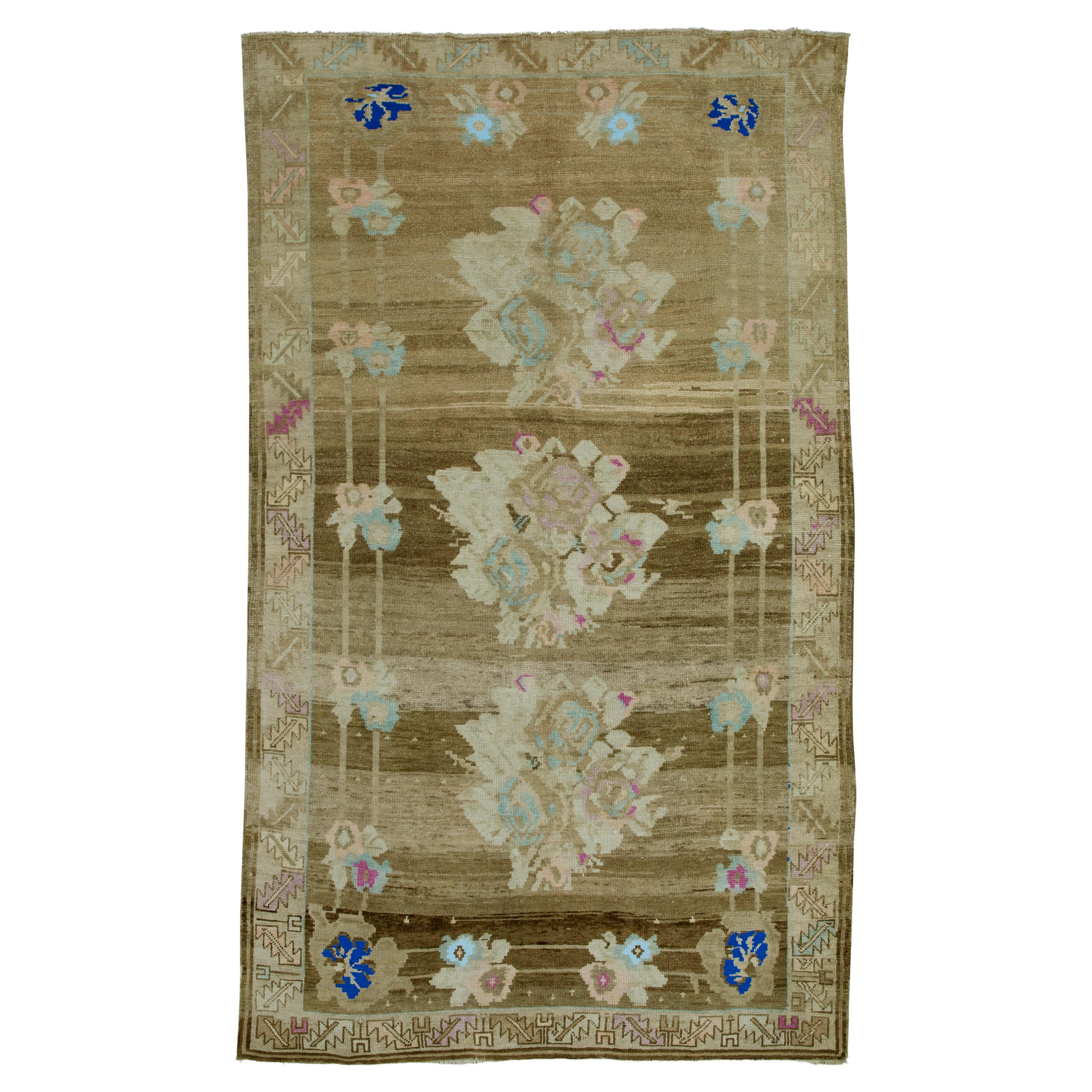 Brown & Blue Floral Design Handwoven Wool Vintage Turkish Oushak Rug 6'2" x 9'5" For Sale