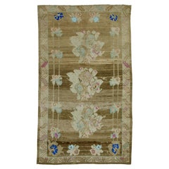 Brown & Blue Floral Design Handwoven Wool Vintage Turkish Oushak Rug 6'2" x 9'5"