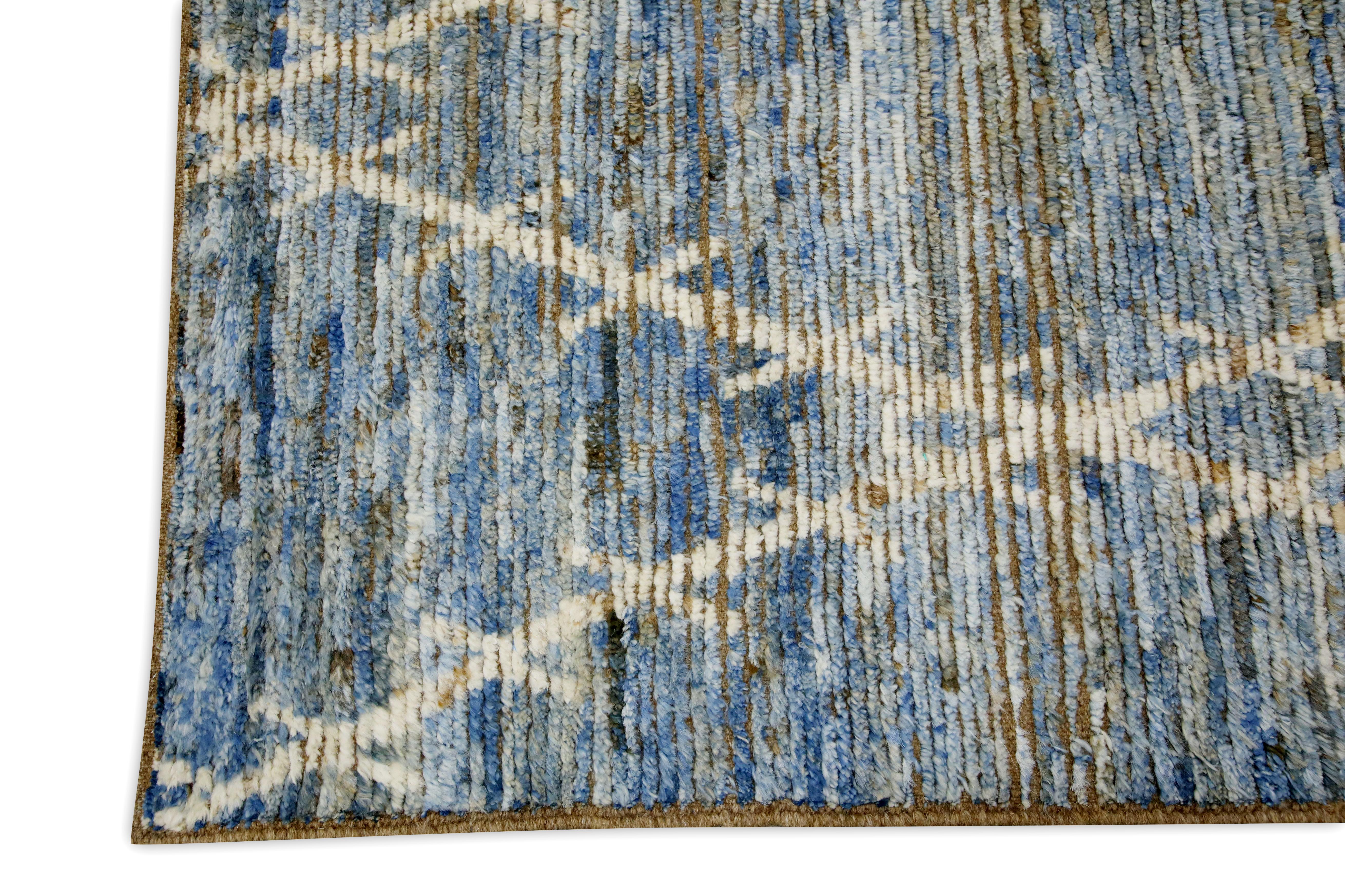 Vegetable Dyed Brown & Blue Handmade Wool Modern Turkish Rug in Geometric Design 7'11