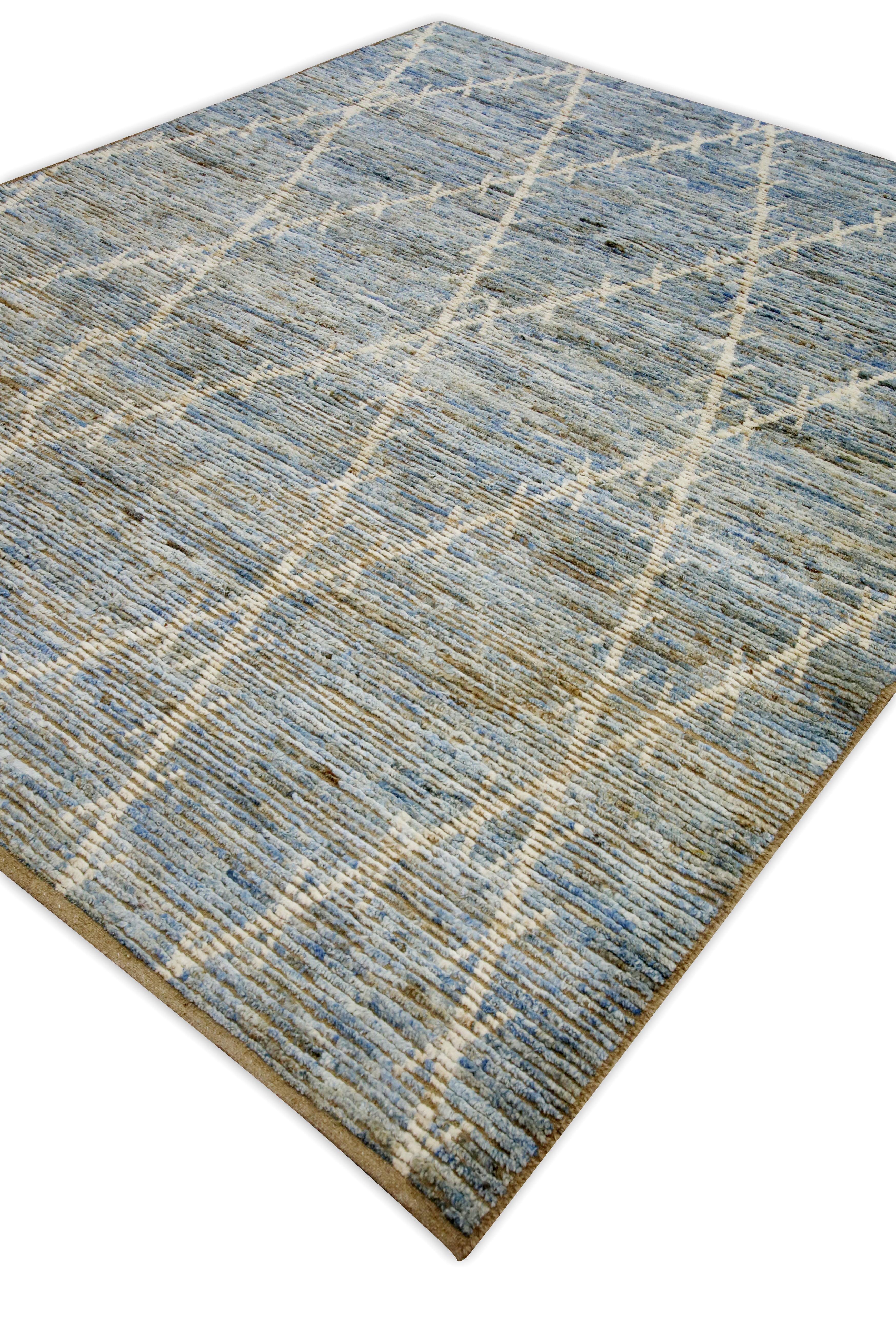 Contemporary Brown & Blue Handmade Wool Modern Turkish Rug in Geometric Design 7'11