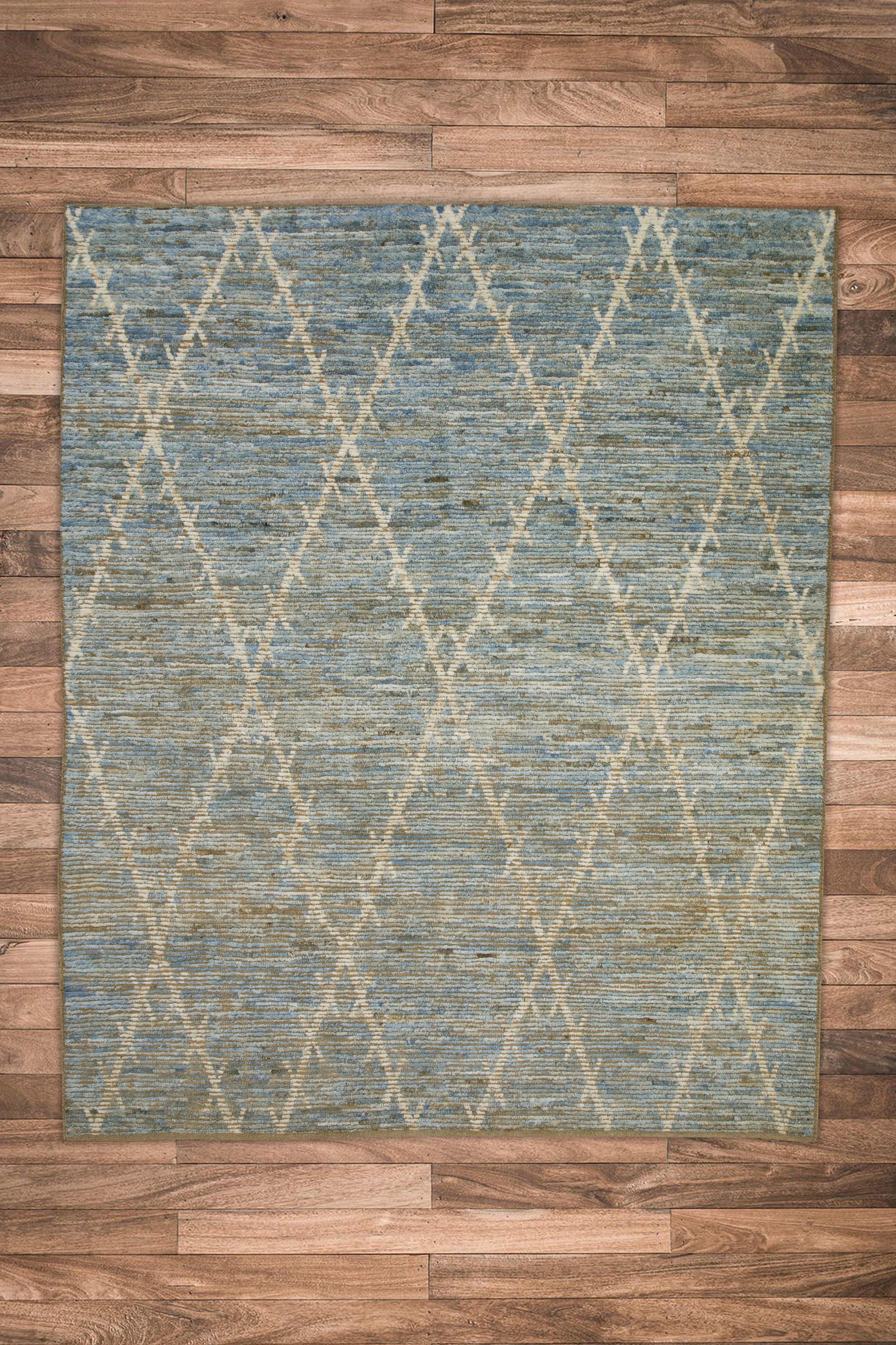 Brown & Blue Handmade Wool Modern Turkish Rug in Geometric Design 7'11