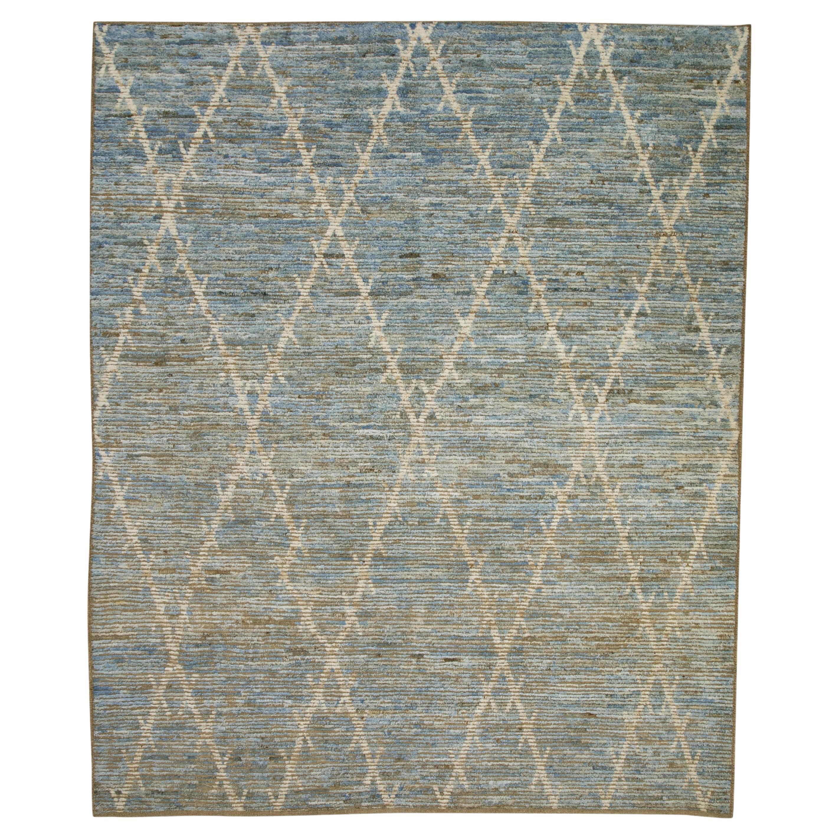 Brown & Blue Handmade Wool Modern Turkish Rug in Geometric Design 7'11" x 9'9" For Sale