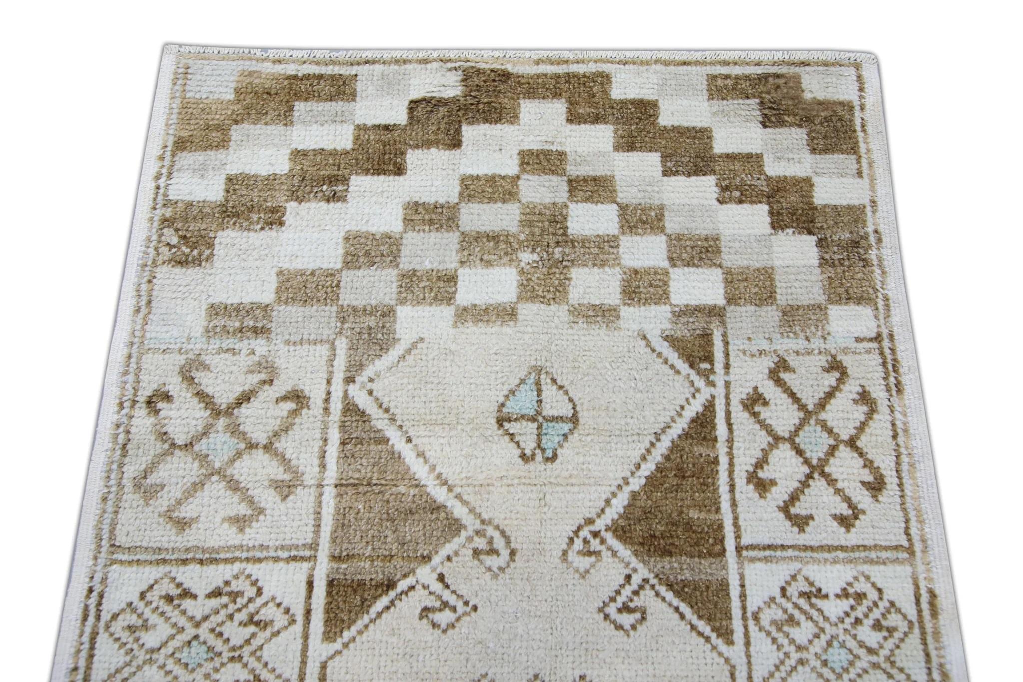 Brown & Blau Handwoven Wolle Vintage Türkisch Oushak Läufer 3'5