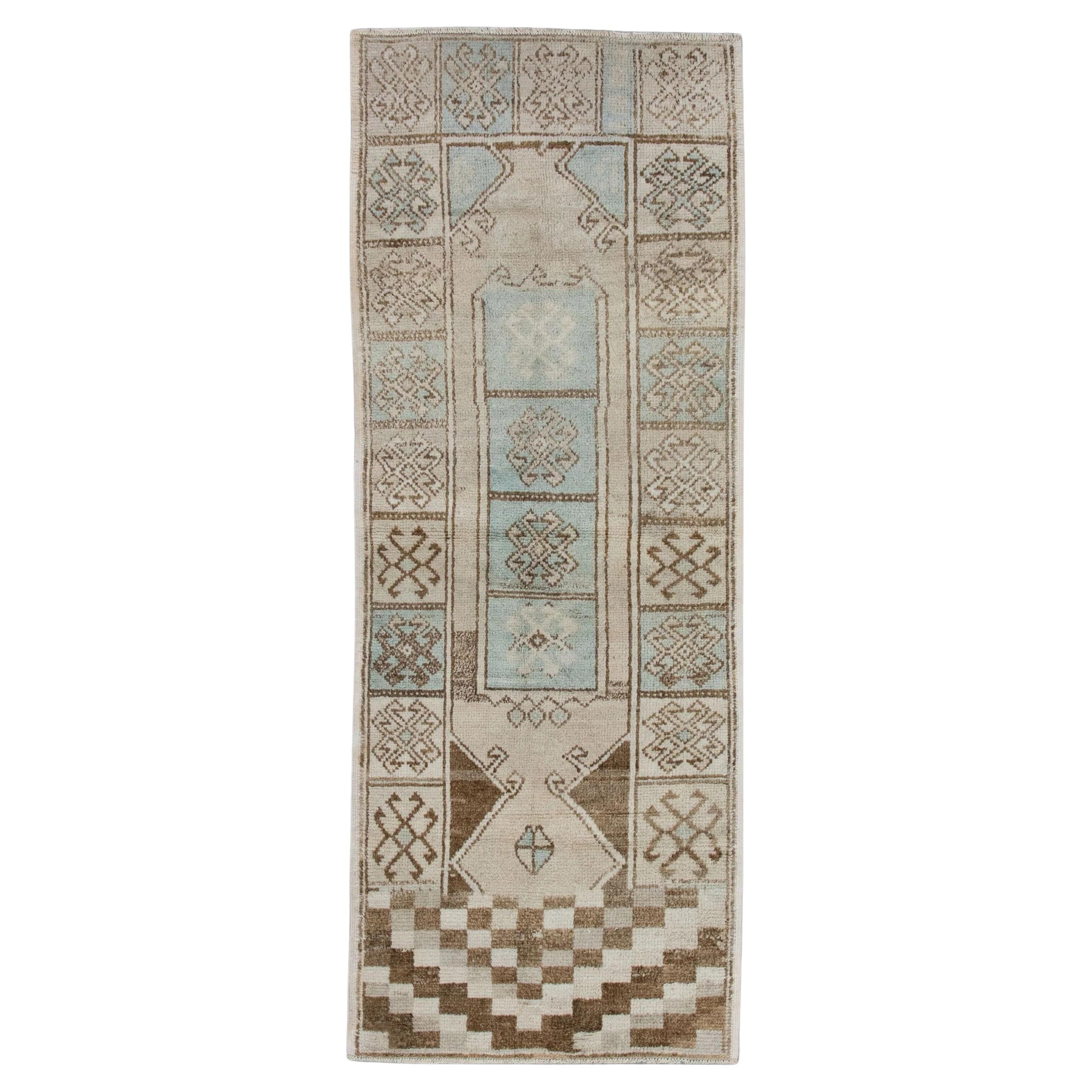 Alfombra Turca Oushak Vintage de Lana Marrón y Azul Tejida a Mano 3'5" x 8'8"