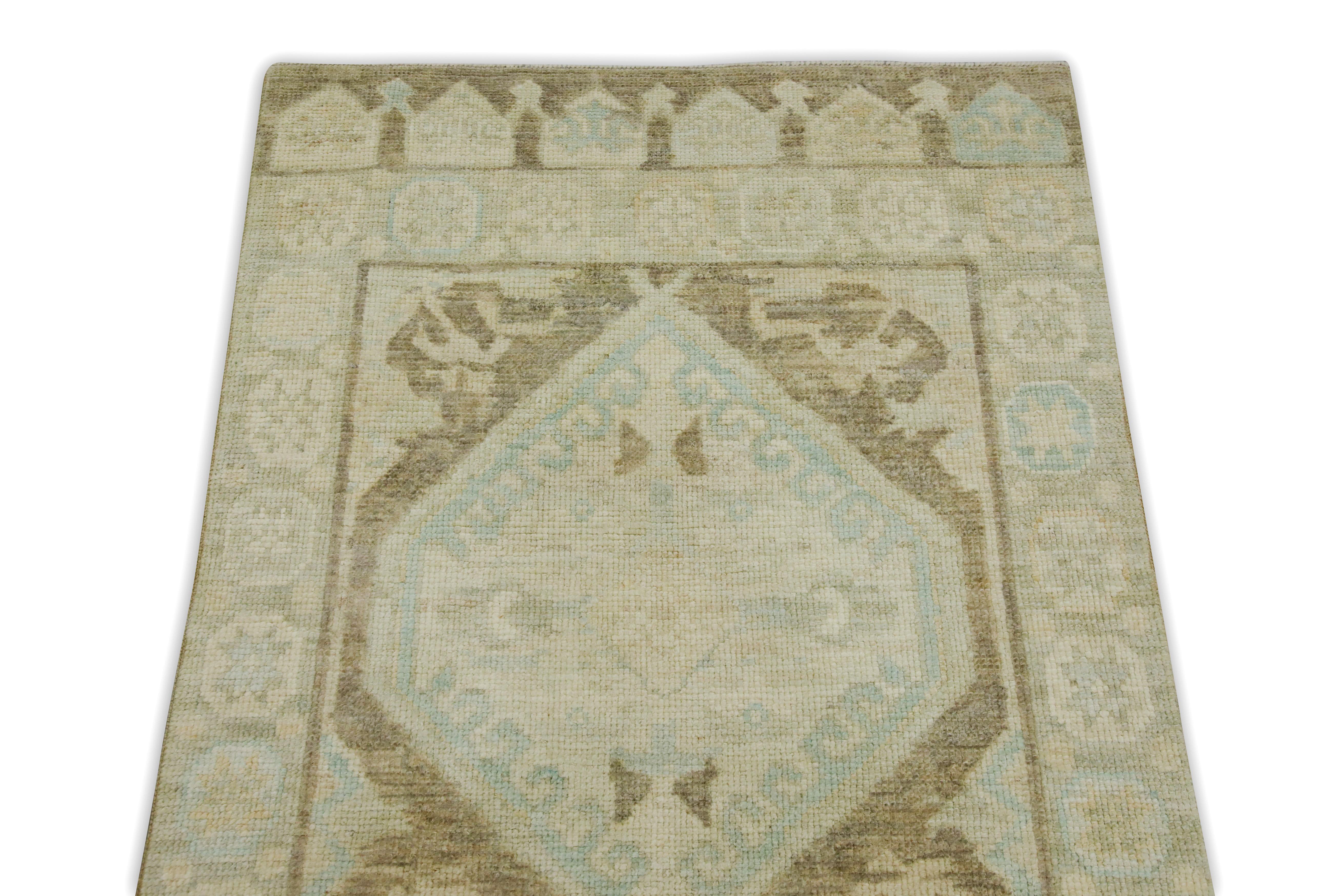 Brown & Blue Medallion Design Handwoven Wool Turkish Oushak Rug In New Condition In Houston, TX