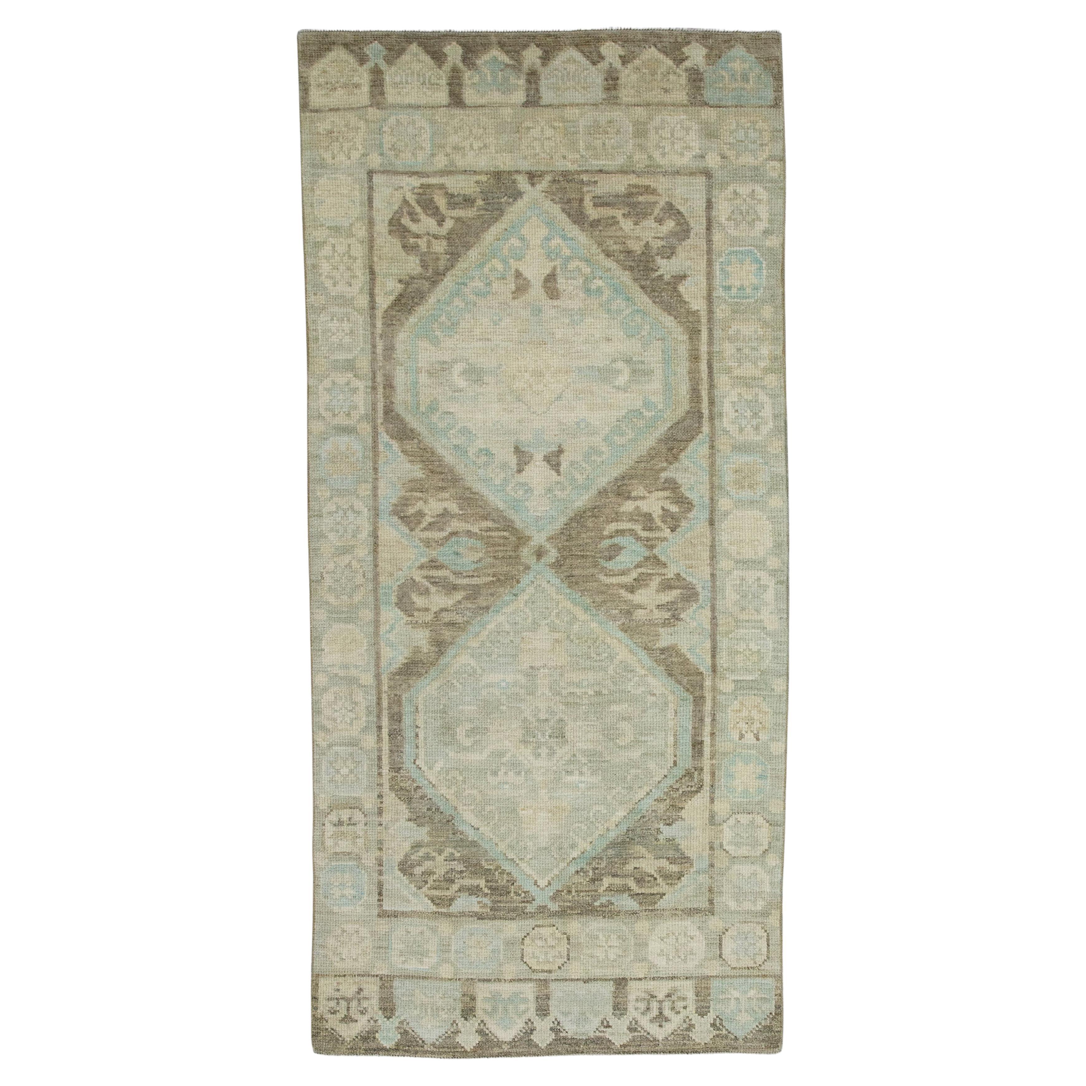 Brown & Blue Medallion Design Handwoven Wool Turkish Oushak Rug