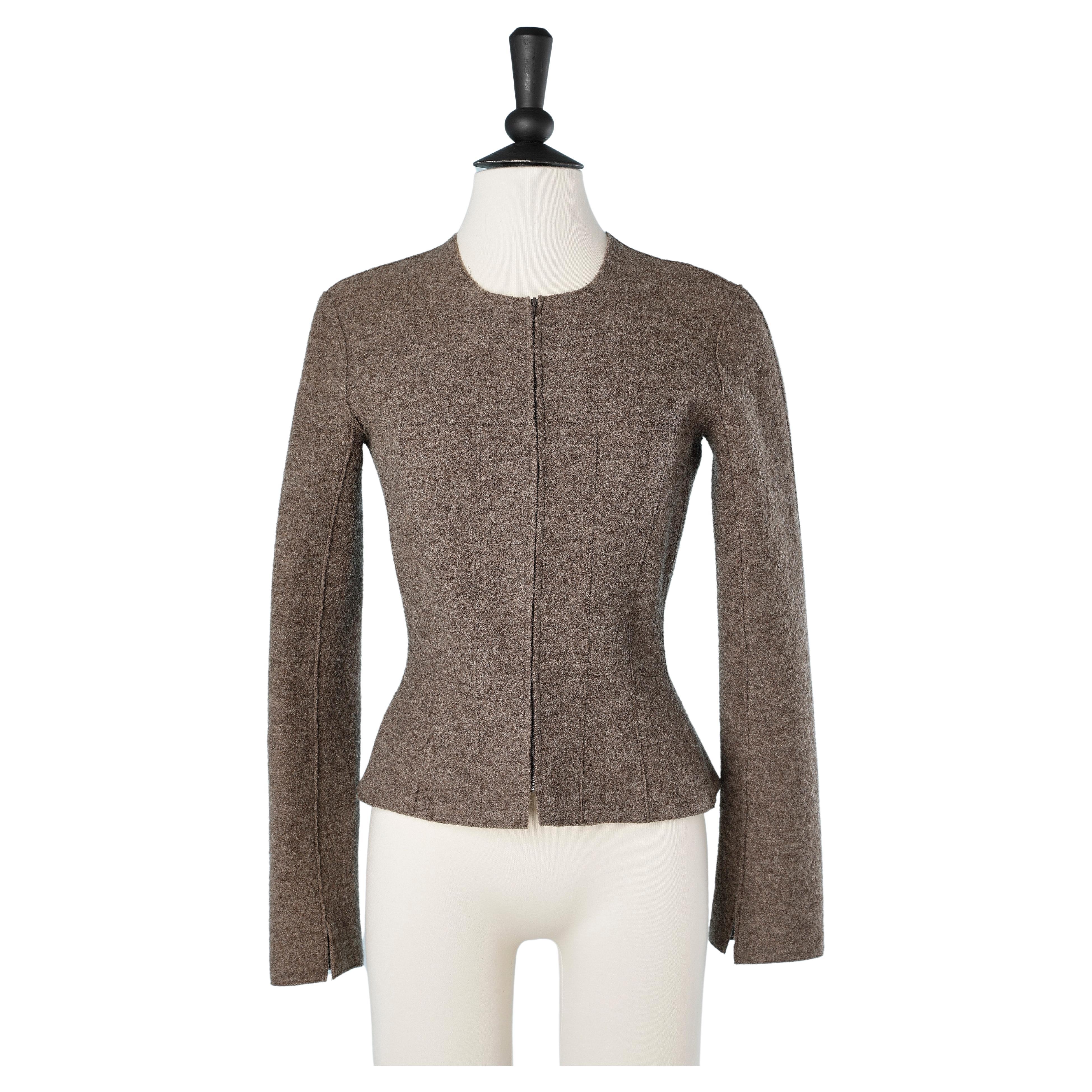 Veste en laine bouillie marron avec fermeture éclair Chanel Boutique "Identification"  en vente