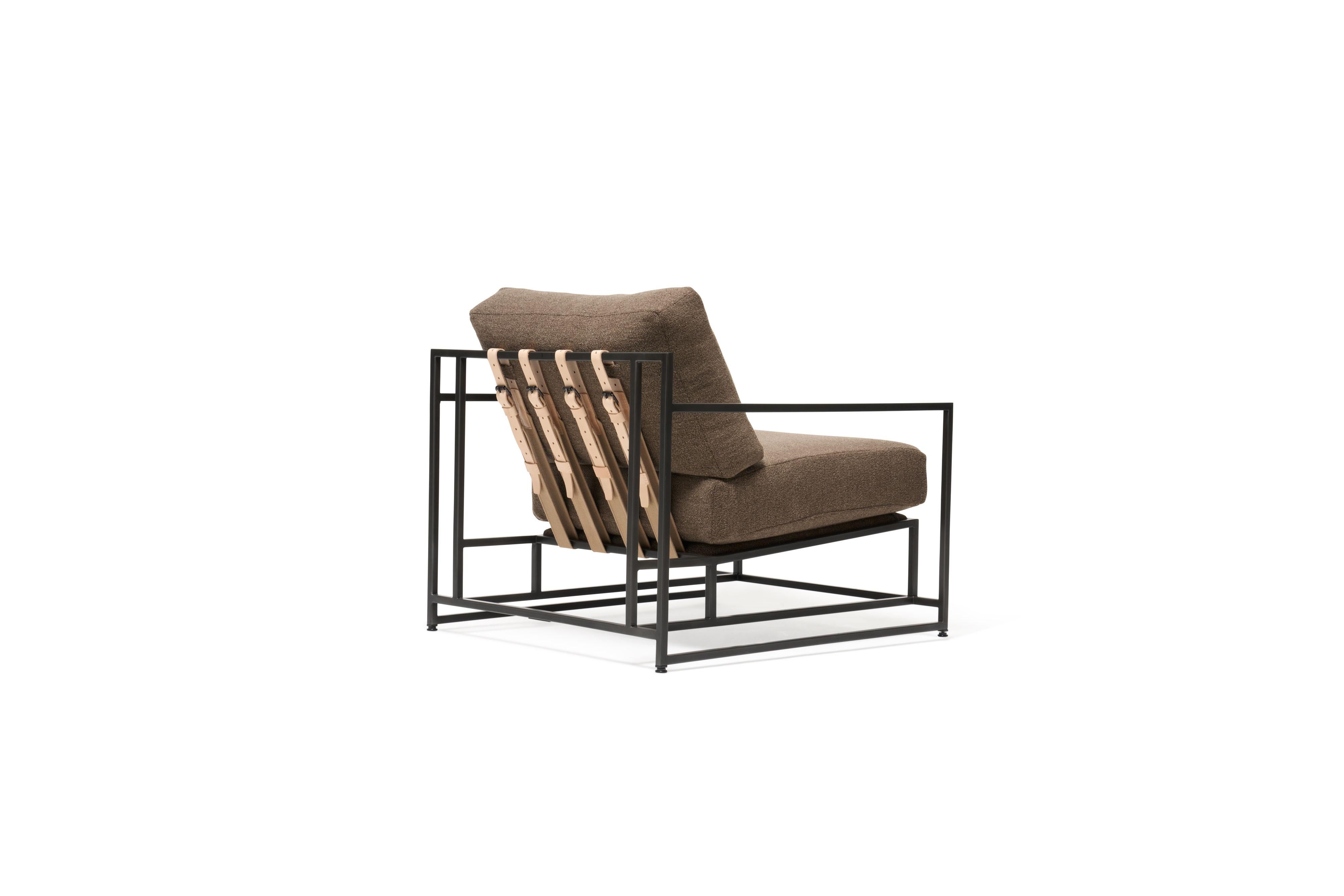 American Brown Boucle and Blackened Steel Armchair For Sale