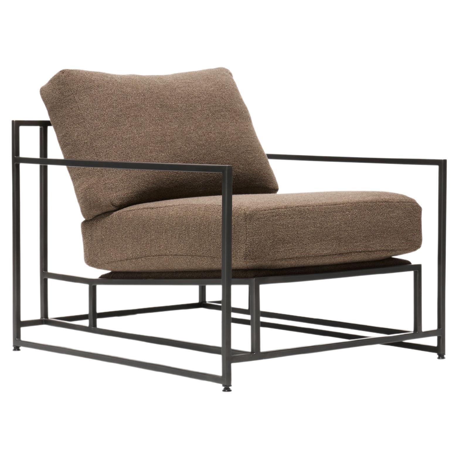 Brown Boucle and Blackened Steel Armchair
