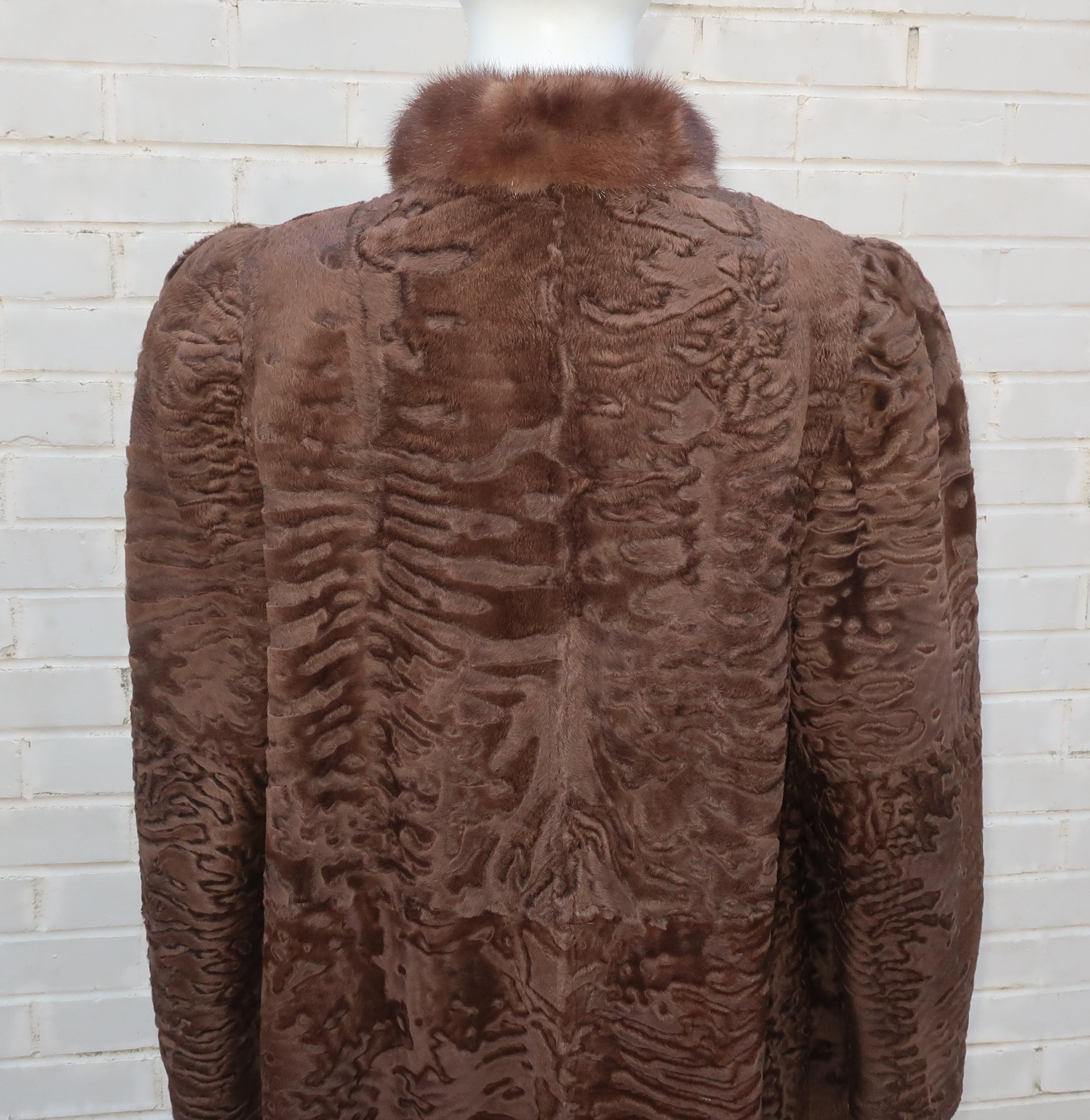 Brown Broadtail Lamb & Mink Reversible Fur & Leather Coat, 1970's  5