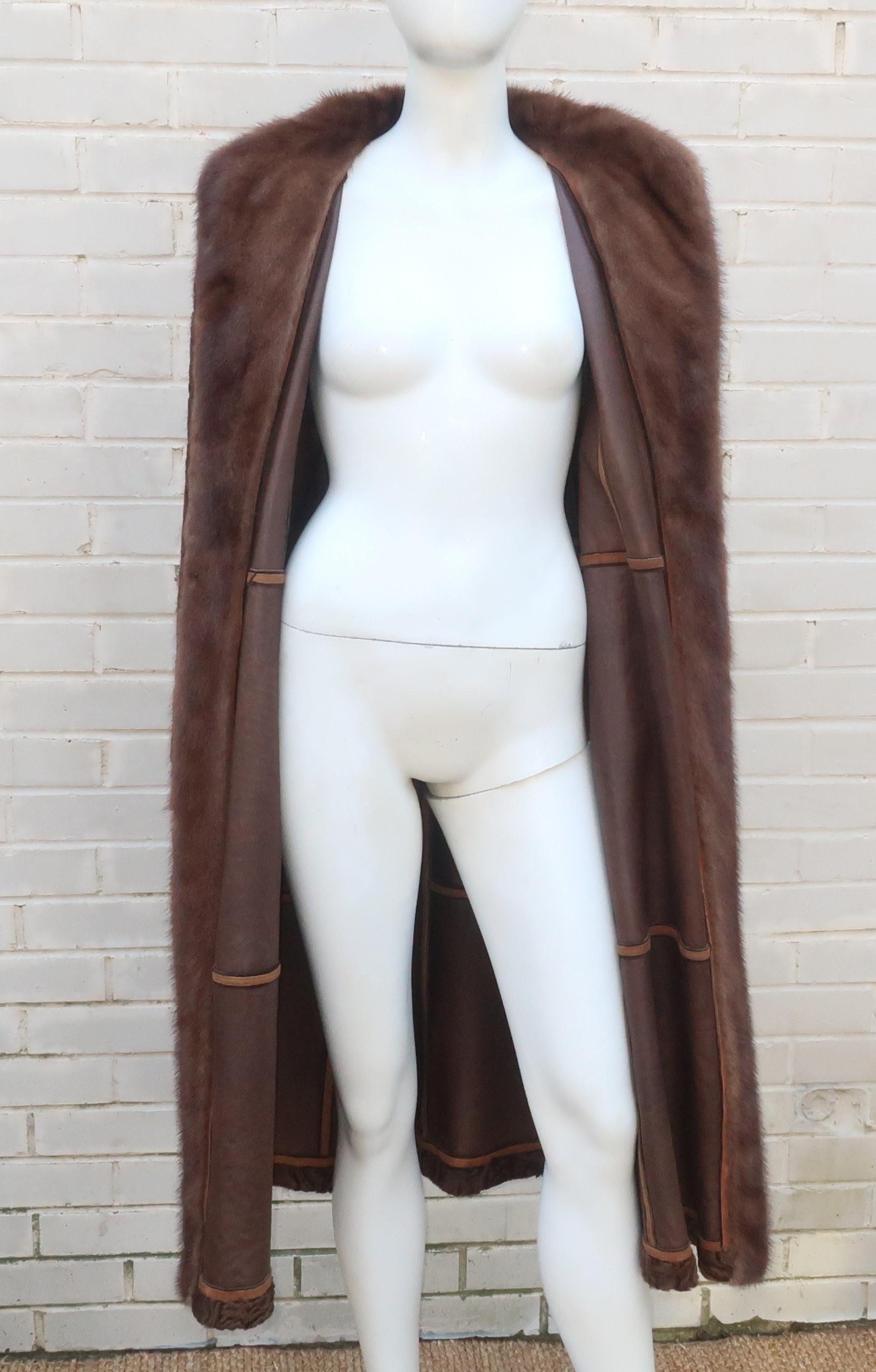 Brown Broadtail Lamb & Mink Reversible Fur & Leather Coat, 1970's 6