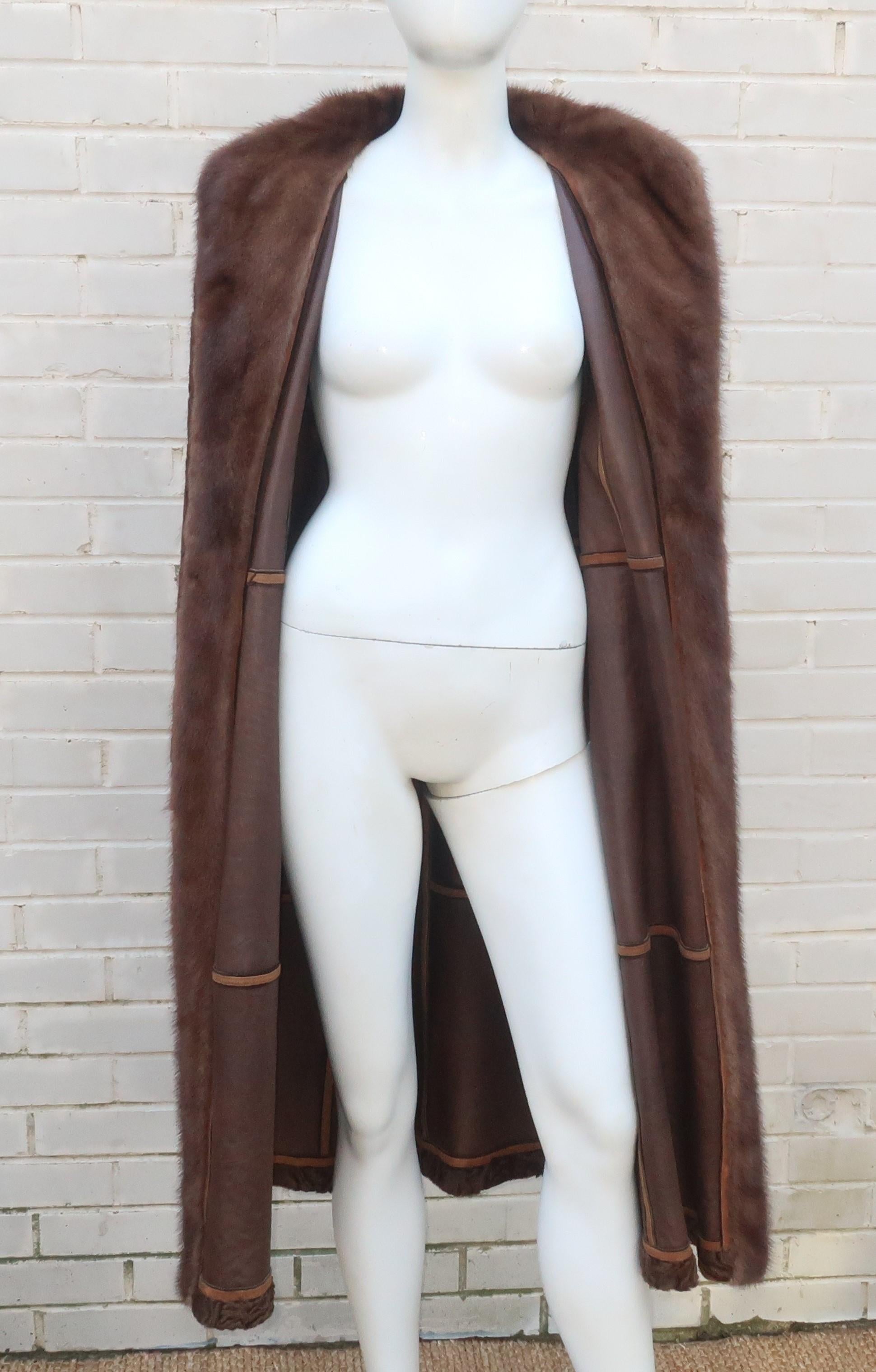 Brown Broadtail Lamb & Mink Reversible Fur & Leather Coat, 1970's  6