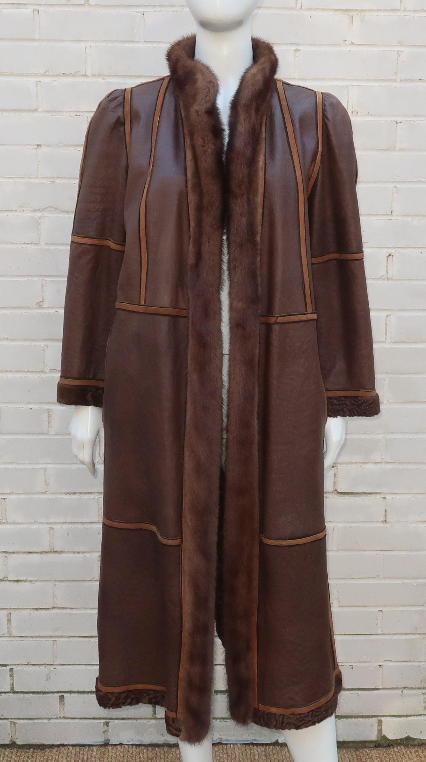 Brown Broadtail Lamb & Mink Reversible Fur & Leather Coat, 1970's  7