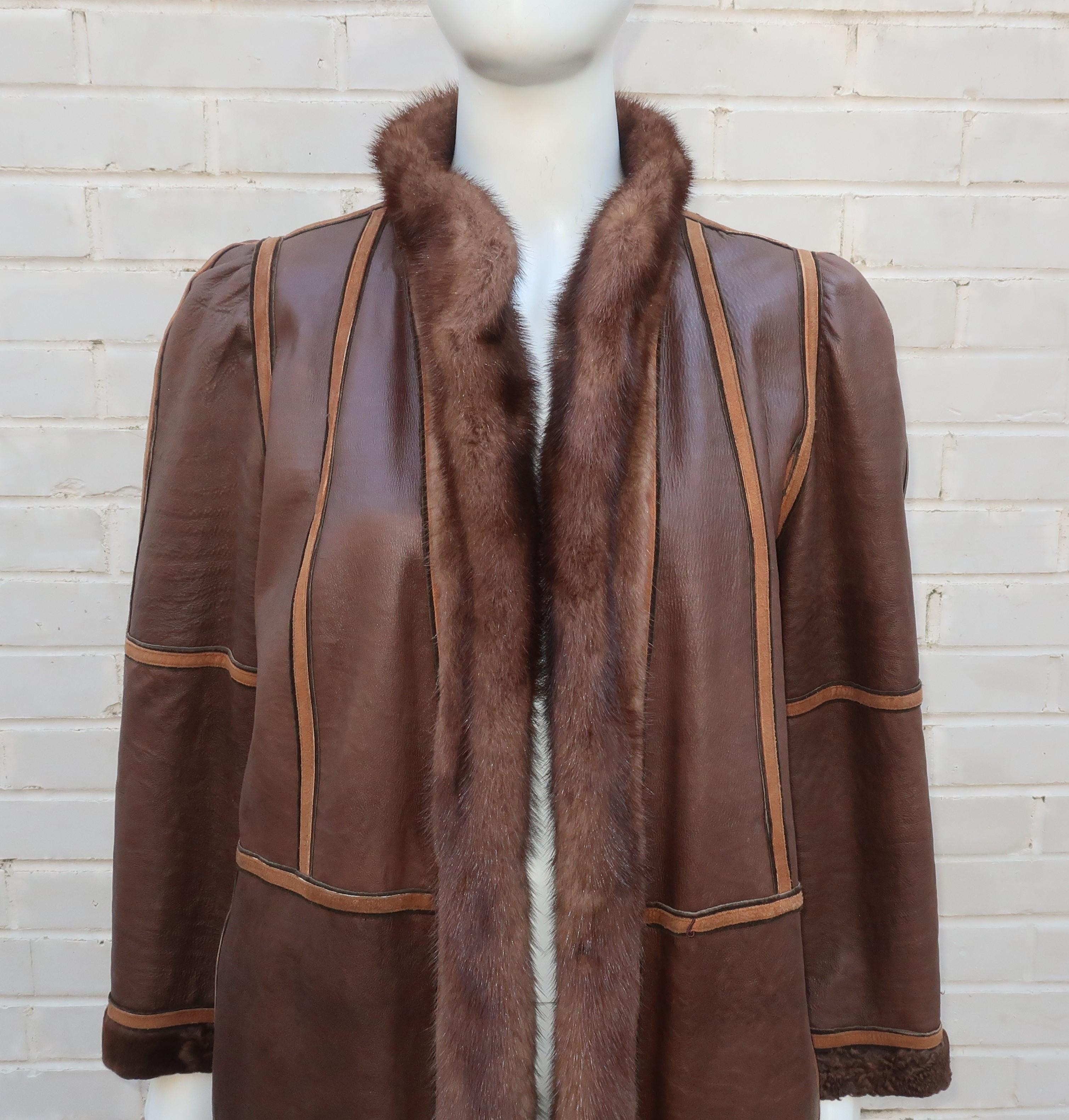 Brown Broadtail Lamb & Mink Reversible Fur & Leather Coat, 1970's  8