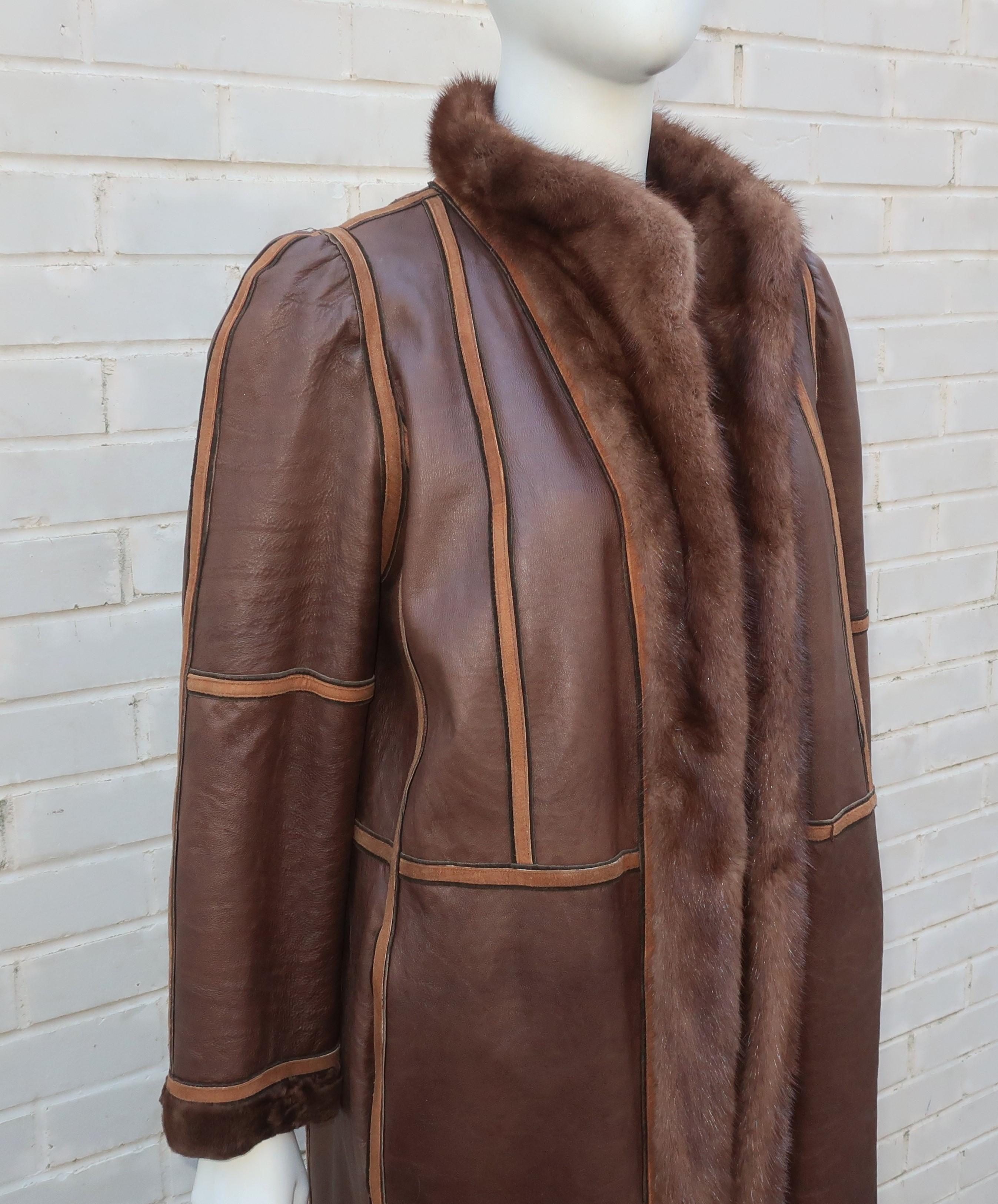 Brown Broadtail Lamb & Mink Reversible Fur & Leather Coat, 1970's  9