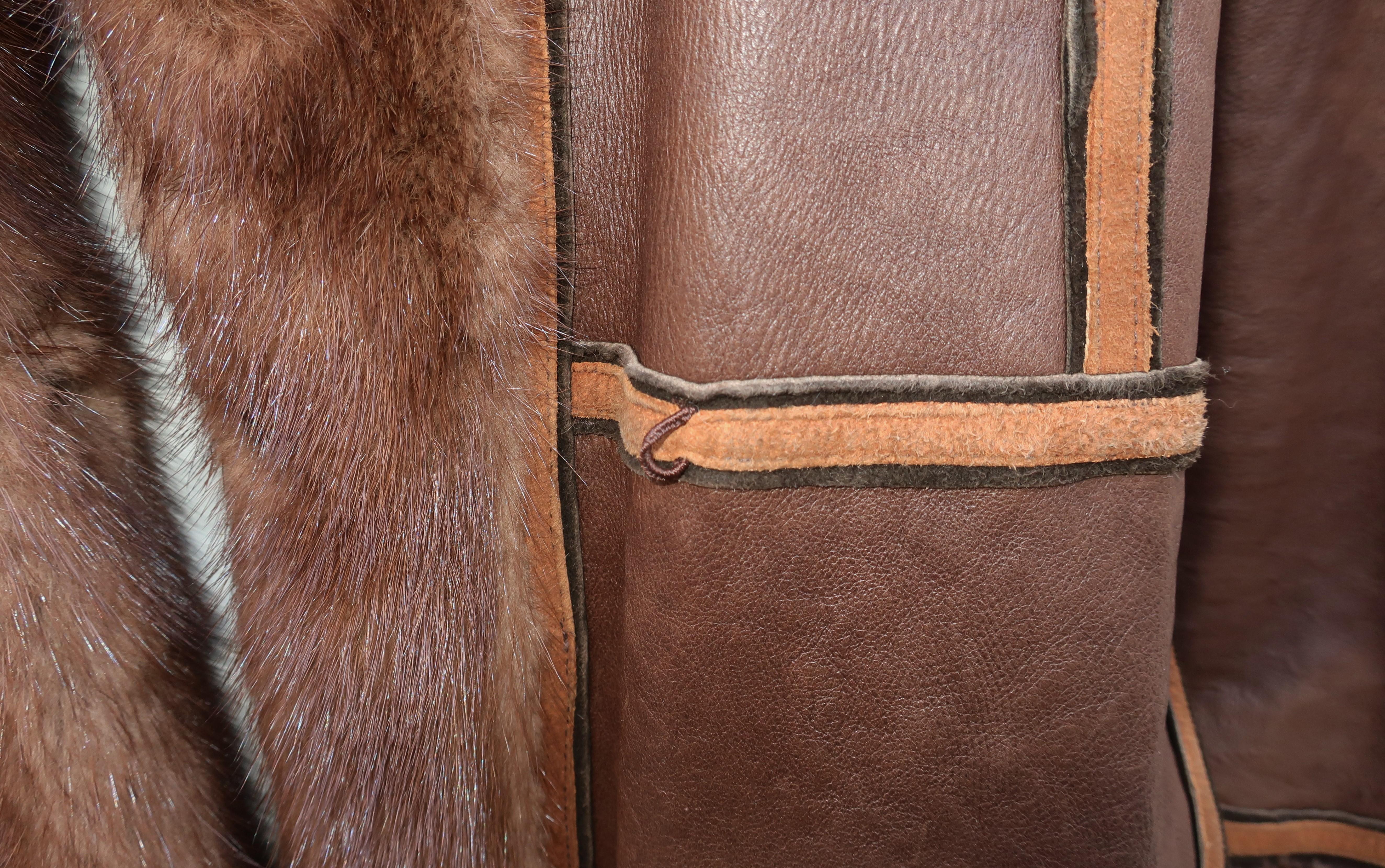 Brown Broadtail Lamb & Mink Reversible Fur & Leather Coat, 1970's  11
