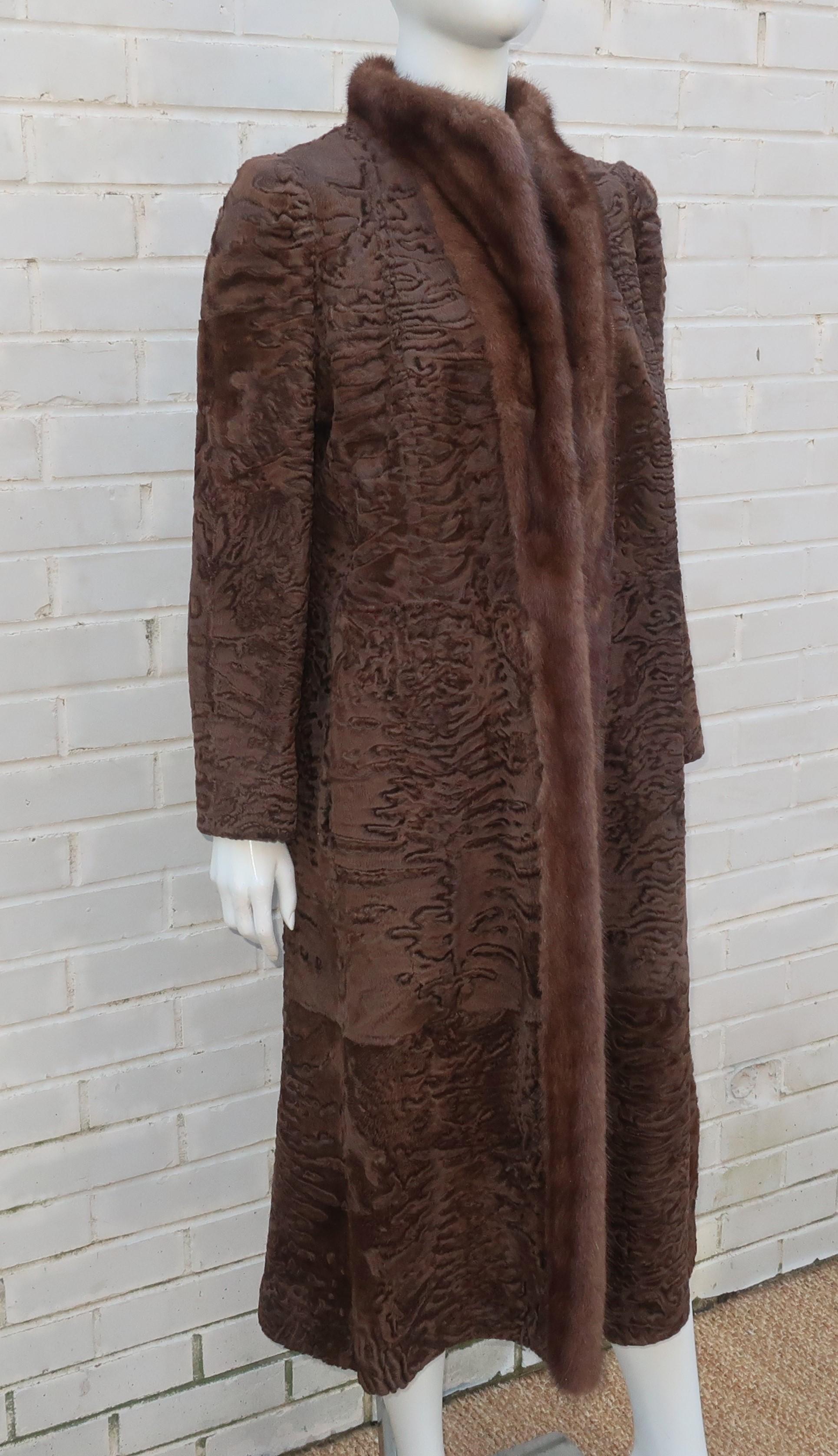 Black Brown Broadtail Lamb & Mink Reversible Fur & Leather Coat, 1970's 