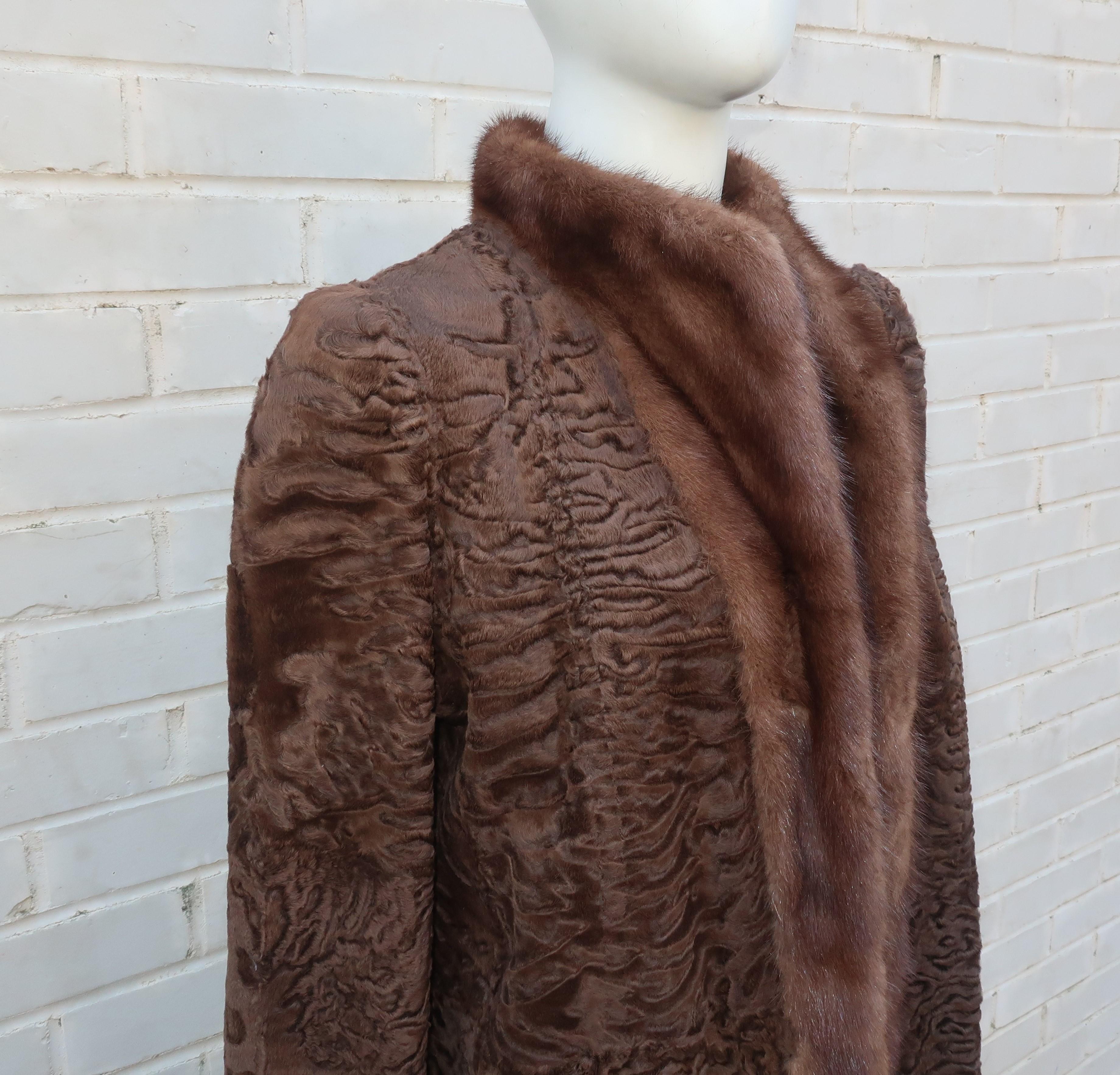 Brown Broadtail Lamb & Mink Reversible Fur & Leather Coat, 1970's  In Good Condition In Atlanta, GA