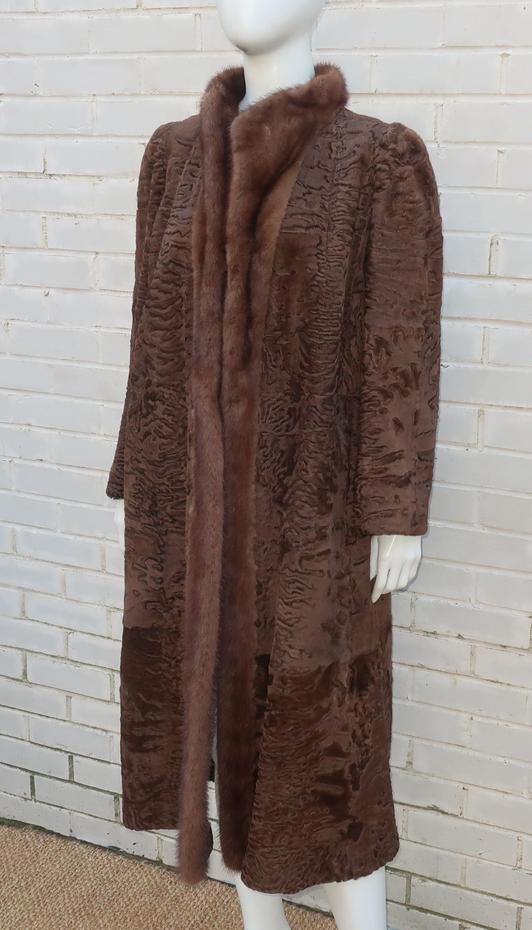 Women's Brown Broadtail Lamb & Mink Reversible Fur & Leather Coat, 1970's 