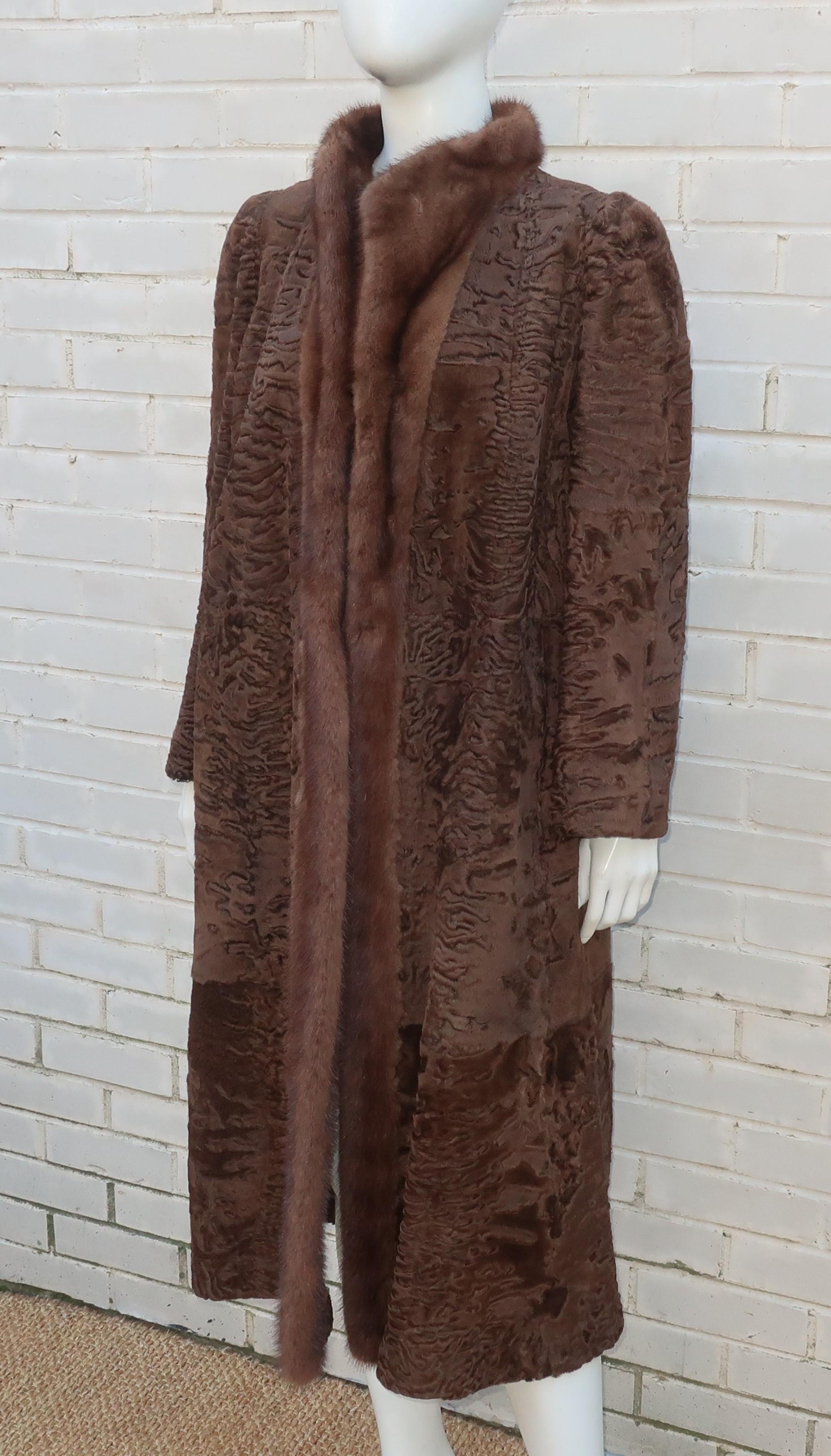Women's Brown Broadtail Lamb & Mink Reversible Fur & Leather Coat, 1970's