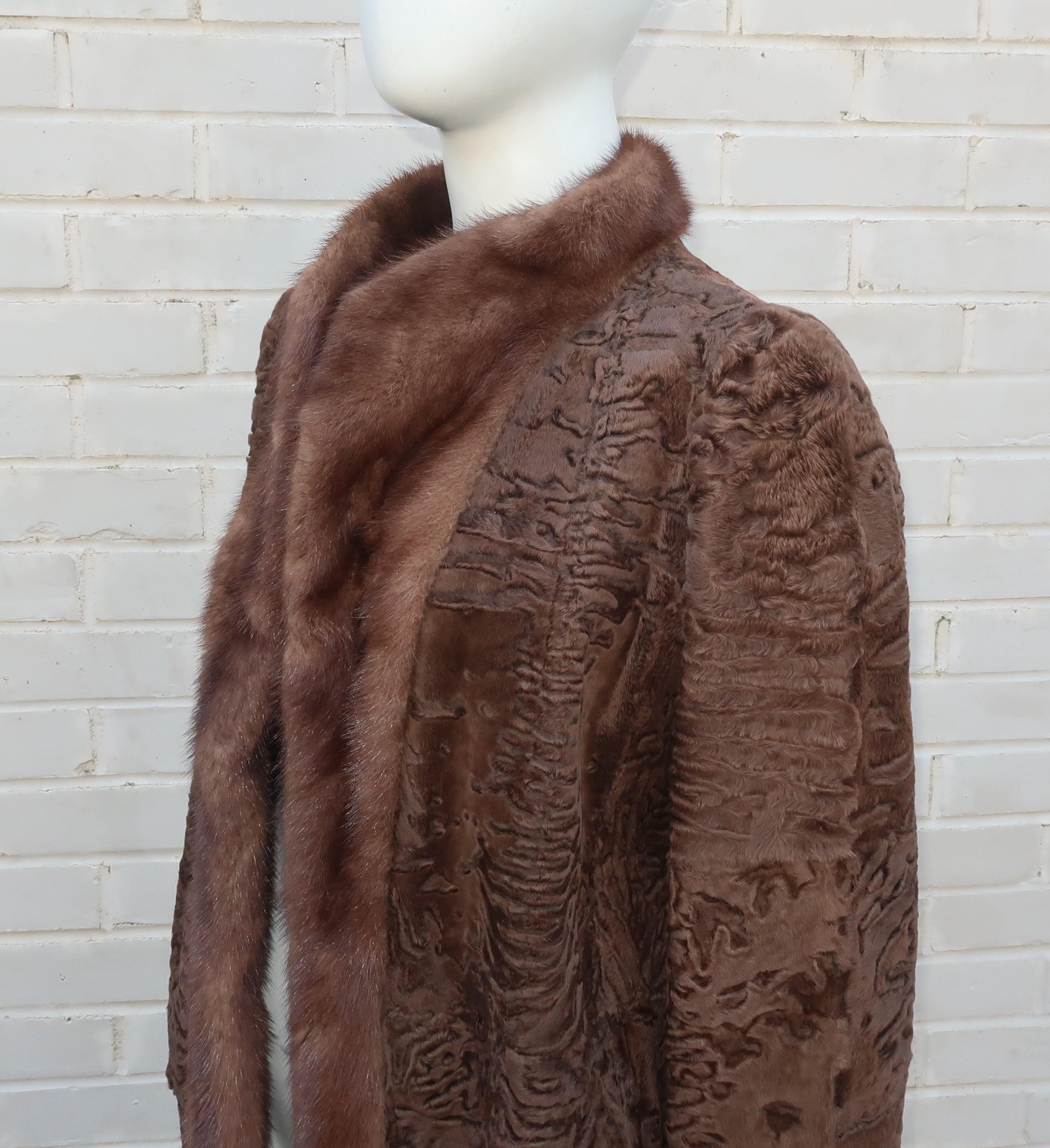Brown Broadtail Lamb & Mink Reversible Fur & Leather Coat, 1970's  1