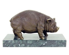 Brown Bronze Pig Sculpture on Marble Base