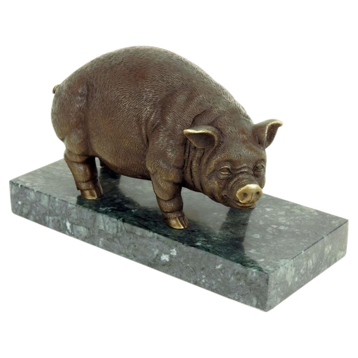 Brown Bronze Pig Sculpture on Marble Base