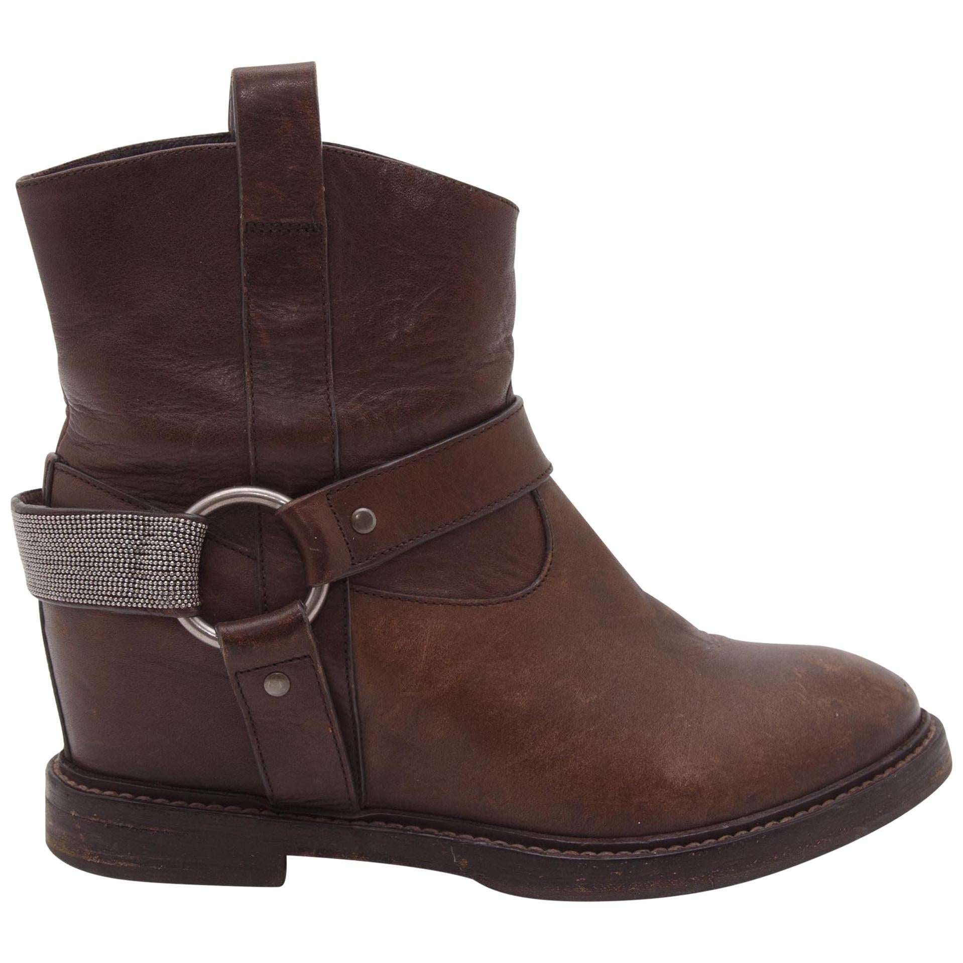 Brown Brunello Cucinelli Leather Wedge Ankle Boots