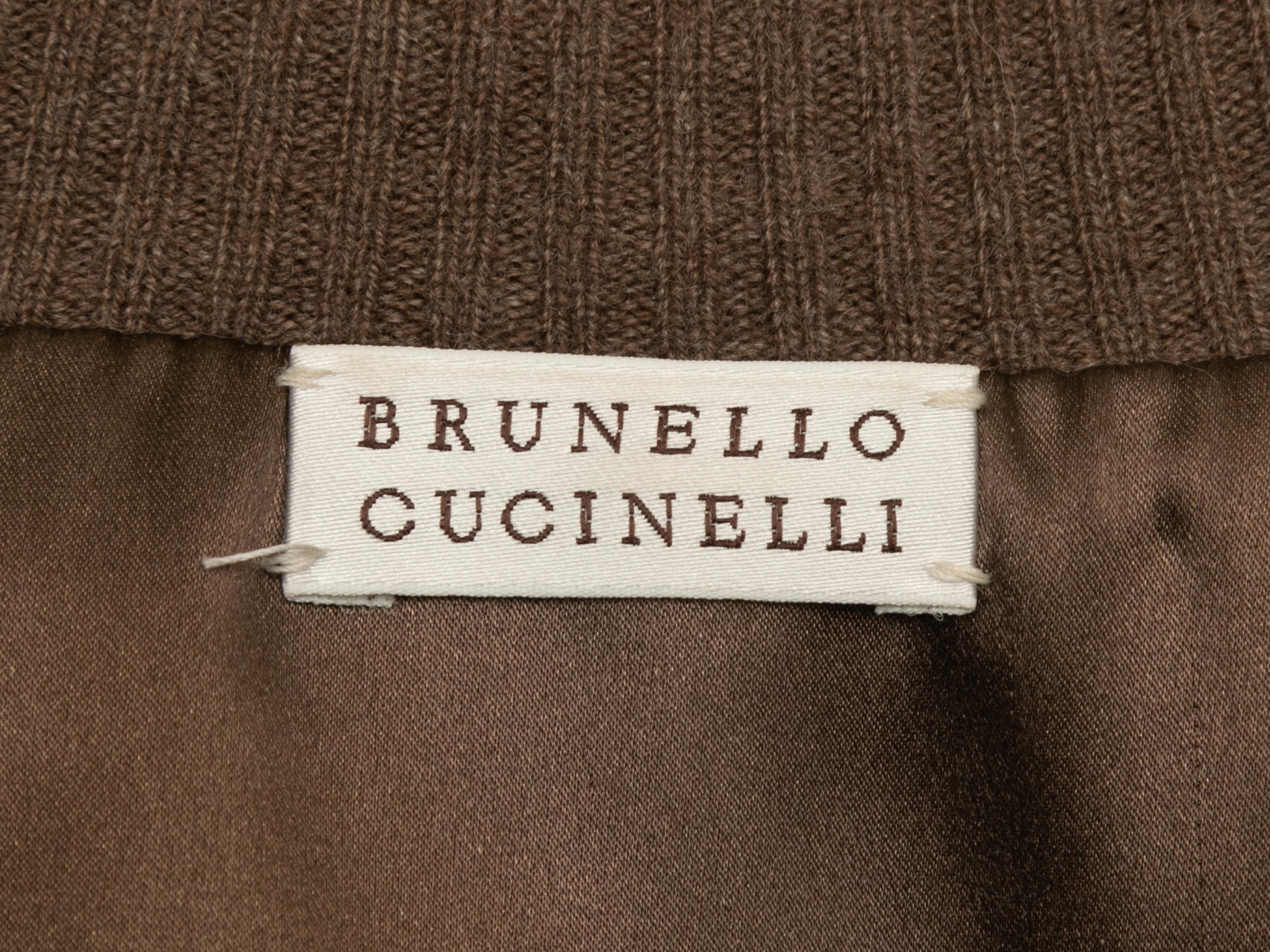 Brown suede and knit layered blazer by Brunello Cucinelli. Notched collar. Button closures at front. 36