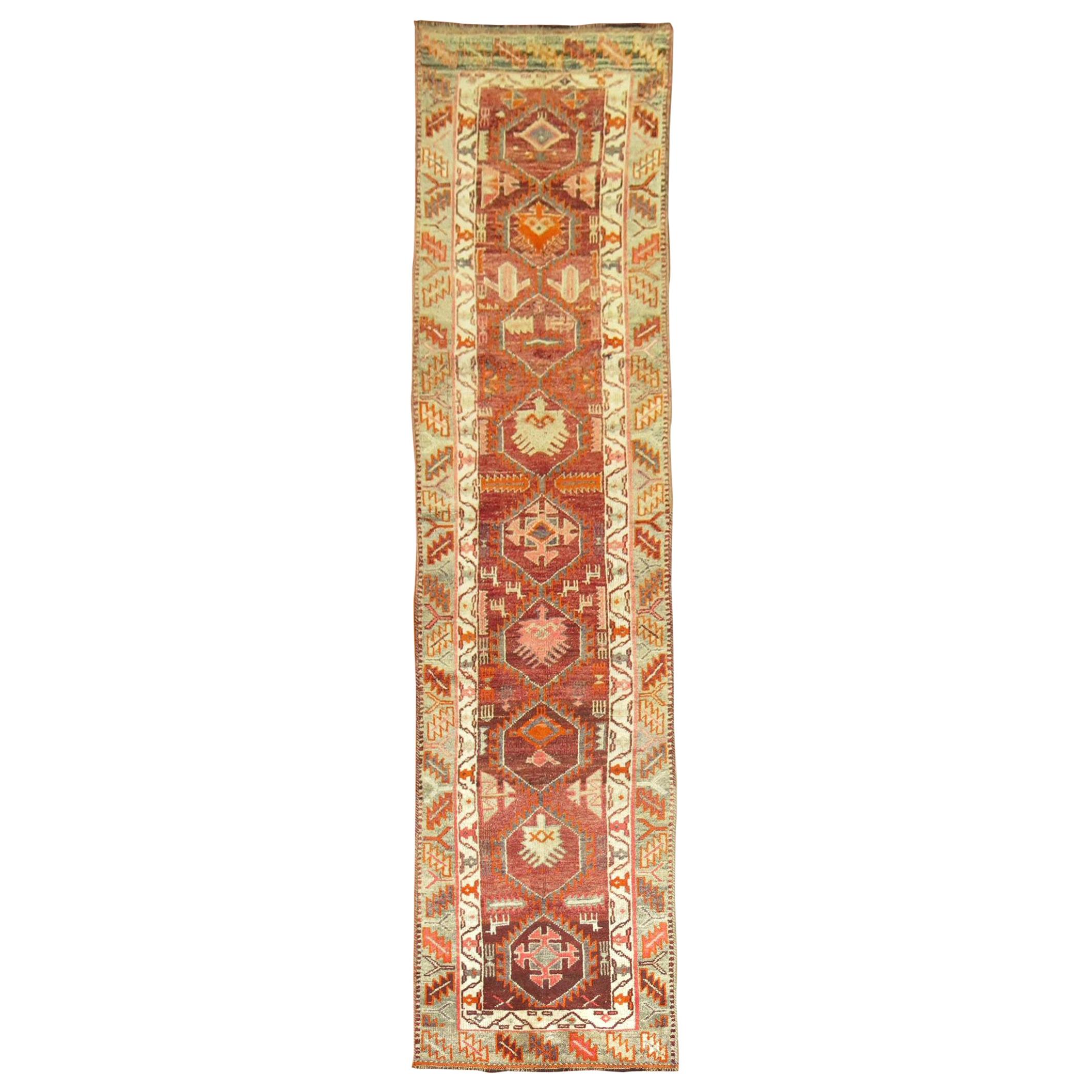 Brown Burgundy 20th Century Geometric Vintage Armenian Runner For Sale