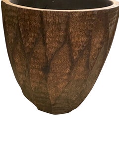 Brown Carved Palm Wood Pair of Pots, Indonesia, Contemporary