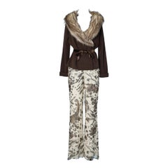 Brown cashmere and furs cardigan with chiffon printed trousers Heidi Weisel