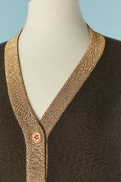 Brown cashmere cardigan with gold lurex knit edge and branded buttons CHANEL
