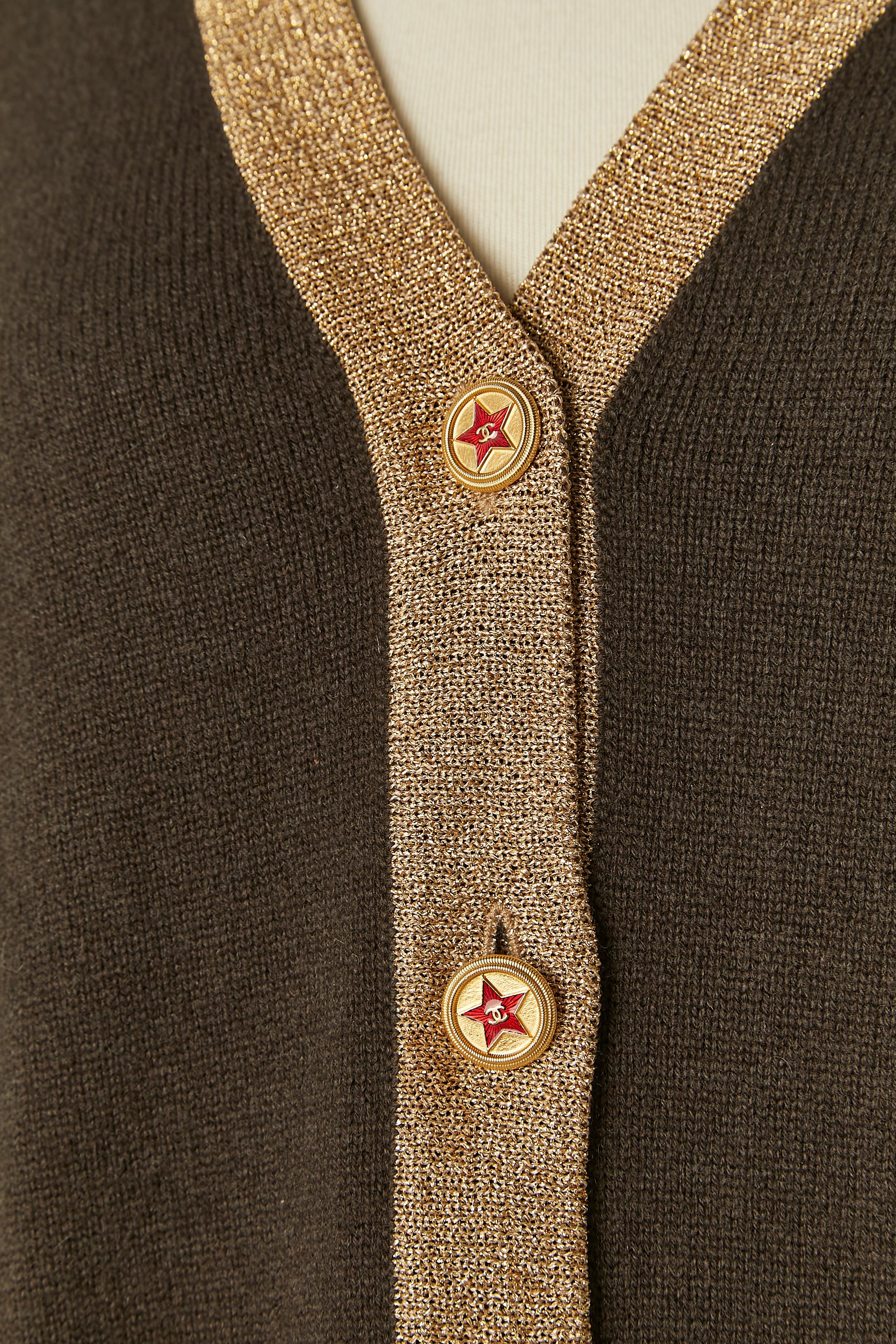 Black Brown cashmere cardigan with gold lurex knit edge and branded buttons CHANEL For Sale
