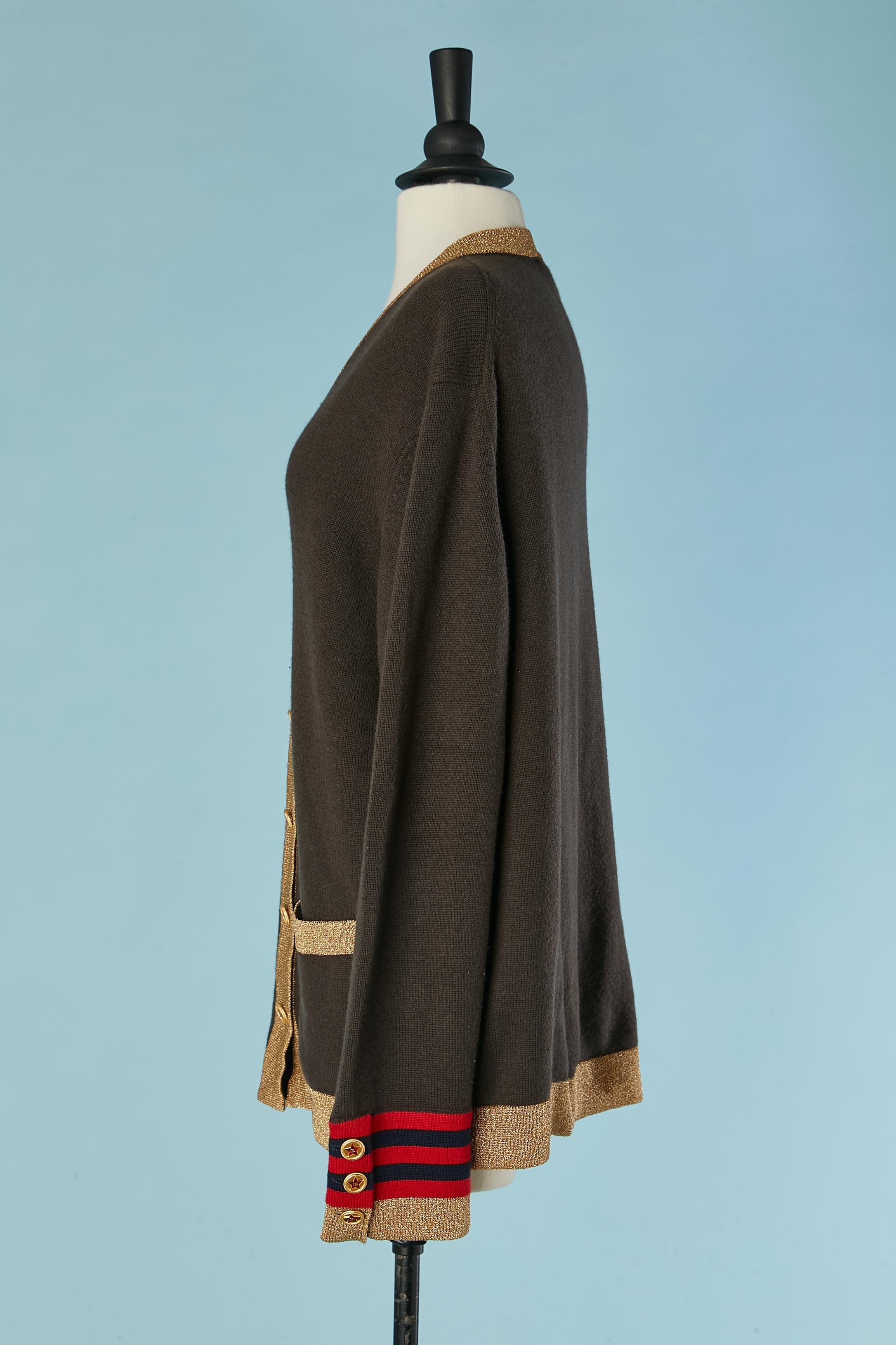 Women's Brown cashmere cardigan with gold lurex knit edge and branded buttons CHANEL For Sale