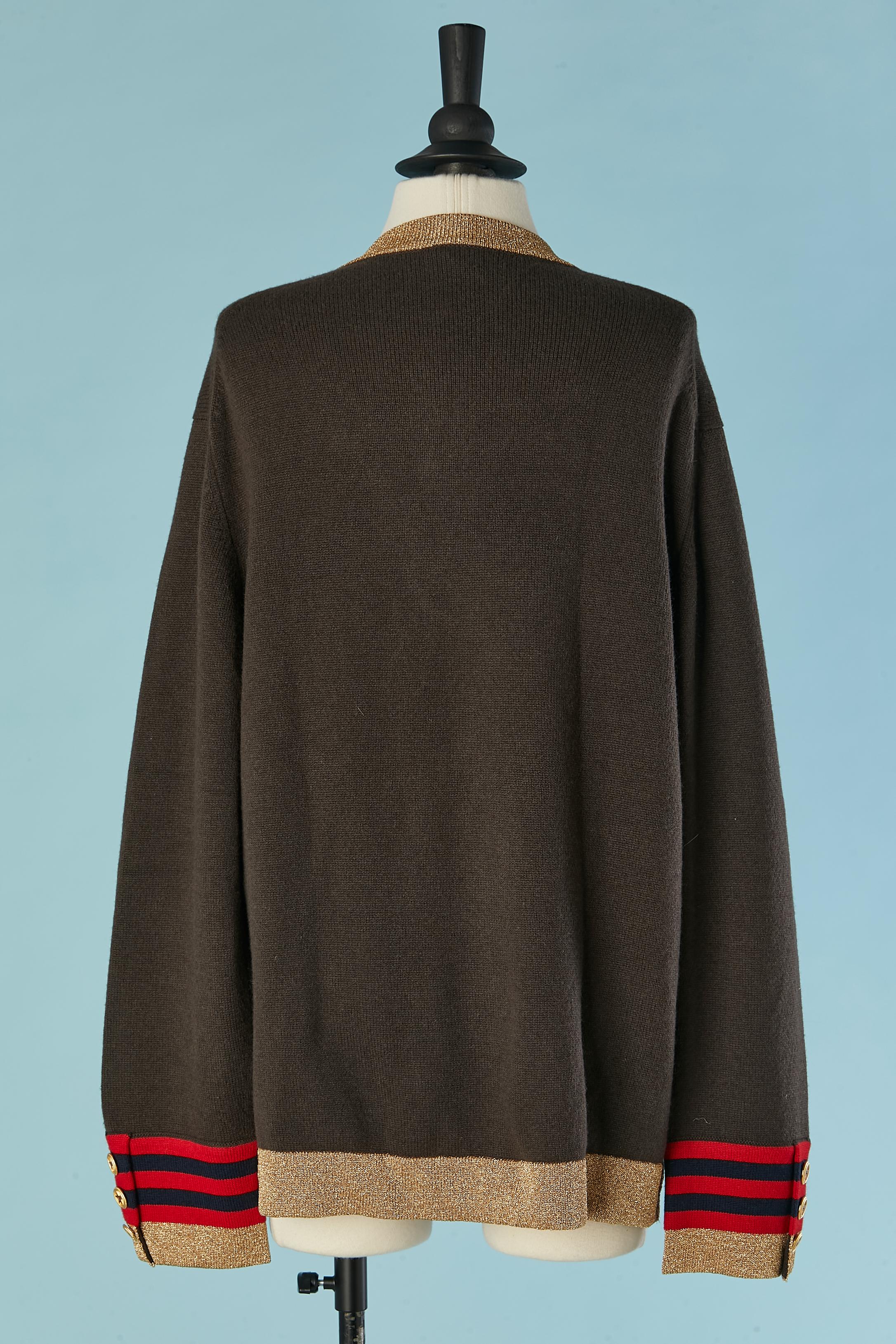 Brown cashmere cardigan with gold lurex knit edge and branded buttons CHANEL For Sale 2