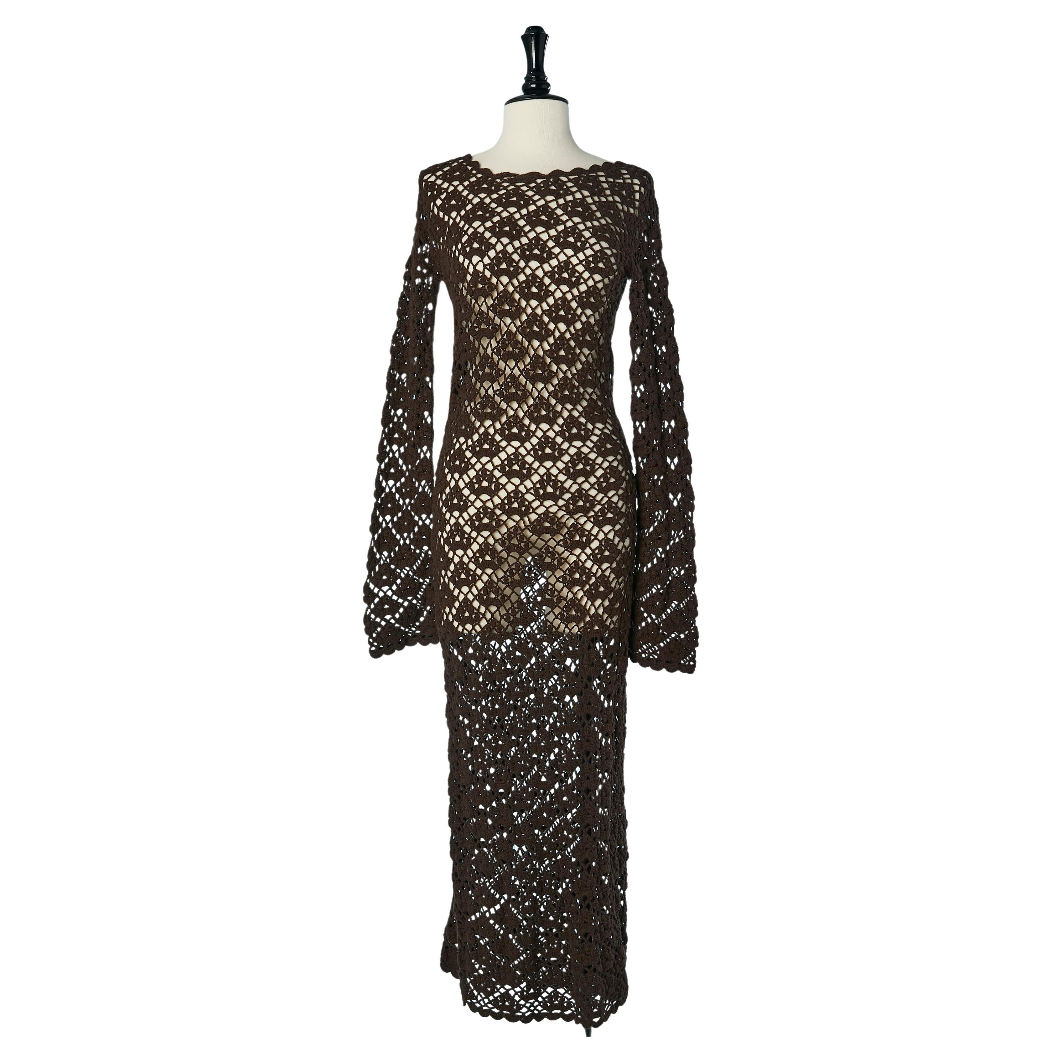 Brown cashmere crochet knit see-through dress Dolce & Gabbana For Sale