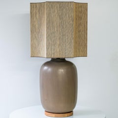 Brown Ceramic Curved Lamp with Walnut Wooden Base, Custom Lampshade by R. Houben