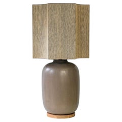 Brown Ceramic Curved Lamp with Walnut Wooden Base, Custom Lampshade by R. Houben