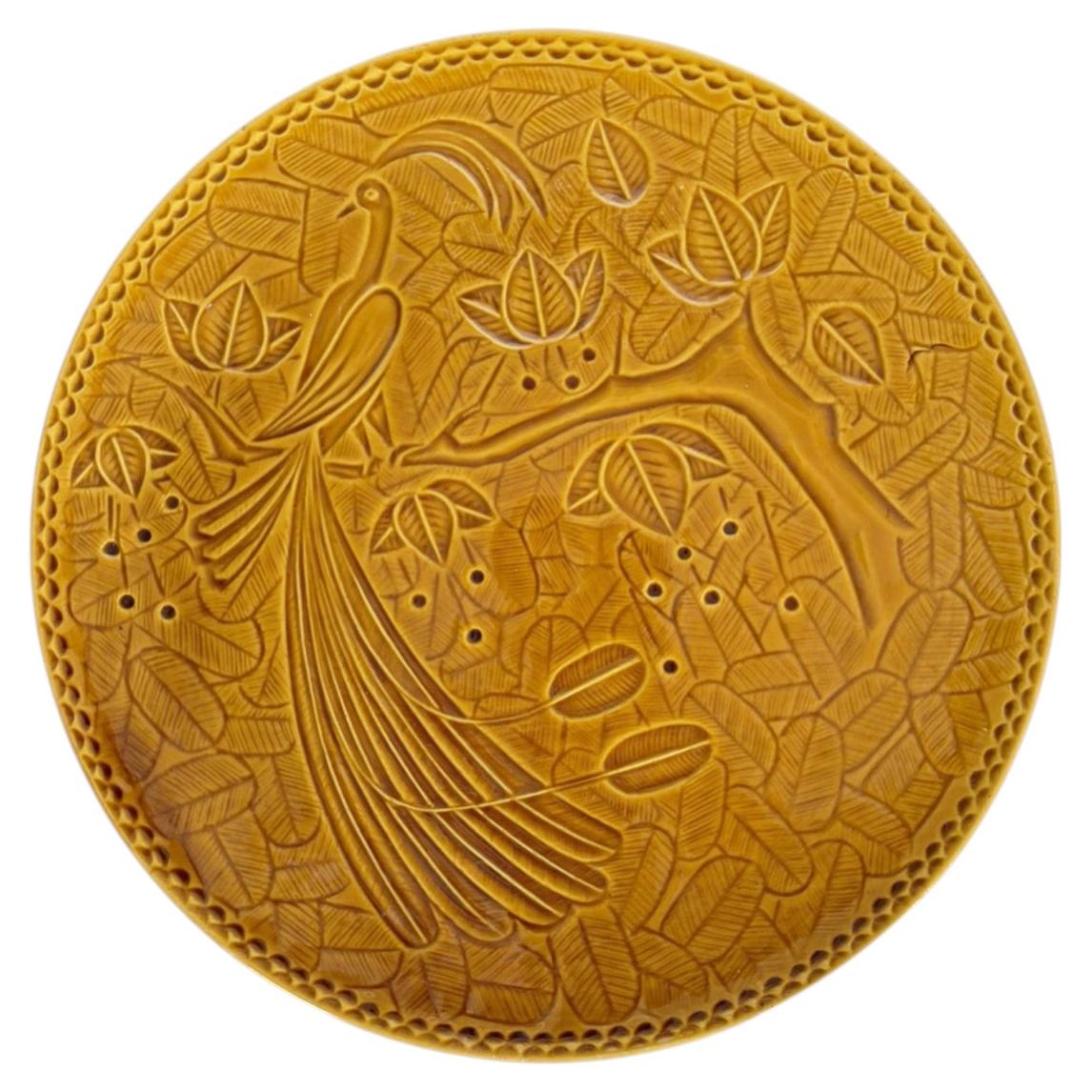 Brown Ceramic Dish with Bird Decoration, France, 1960s For Sale
