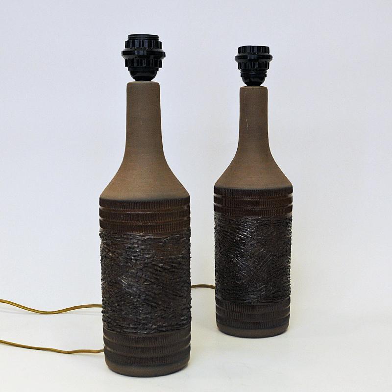 Brown Ceramic Handmade Table Lamp Pair by Nila Keramik, Sweden 1970s In Good Condition In Stockholm, SE
