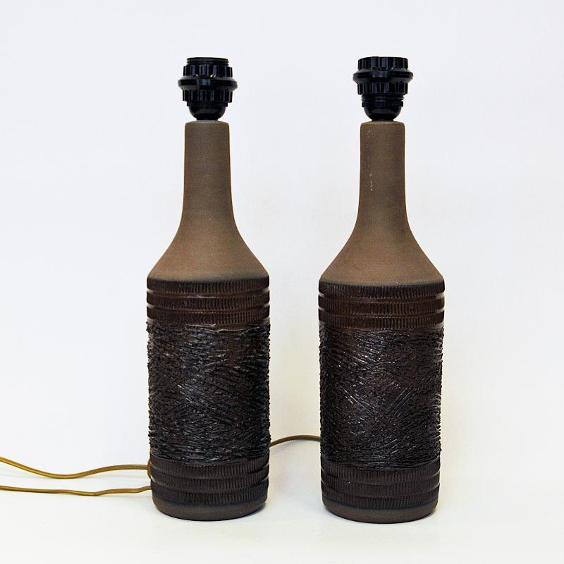 Brown Ceramic Handmade Table Lamp Pair by Nila Keramik, Sweden 1970s 2