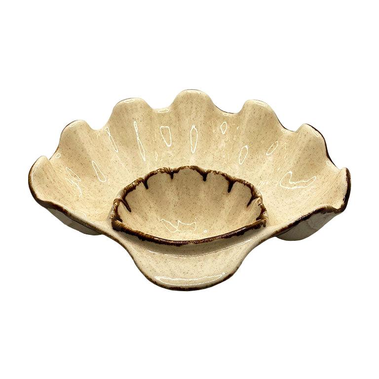 Brown Ceramic Oyster Dip and Chip Serving Platter For Sale